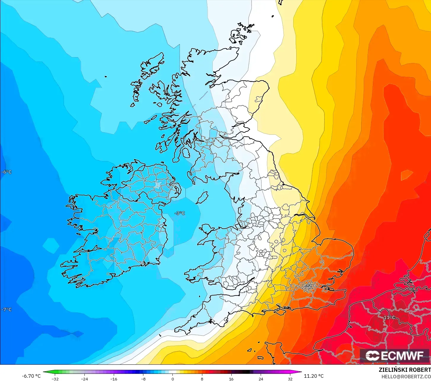 ECMWF IFS 0.25° modelo - United Kingdom, Temperature at 850hPa Anomaly