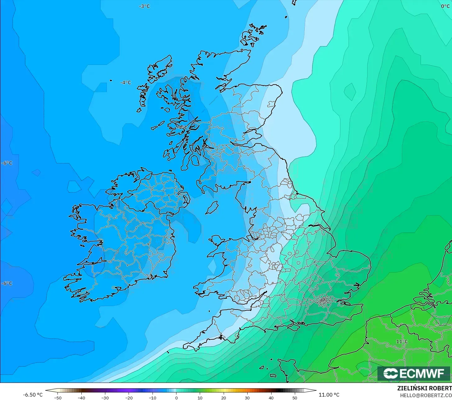 ECMWF IFS 0.25° model - United Kingdom, Suhu 850 hPa