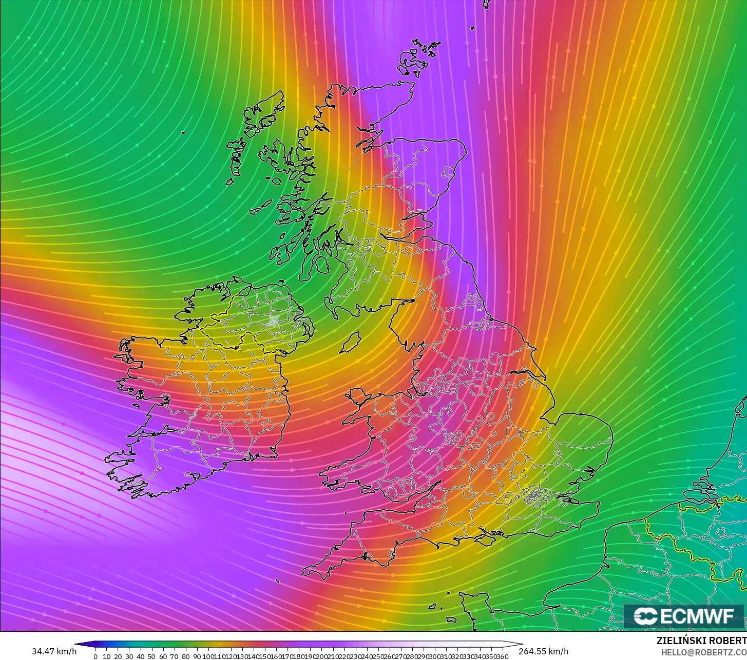 ECMWF IFS 0.25° model - United Kingdom, Angin 300 hPa (aliran jet)