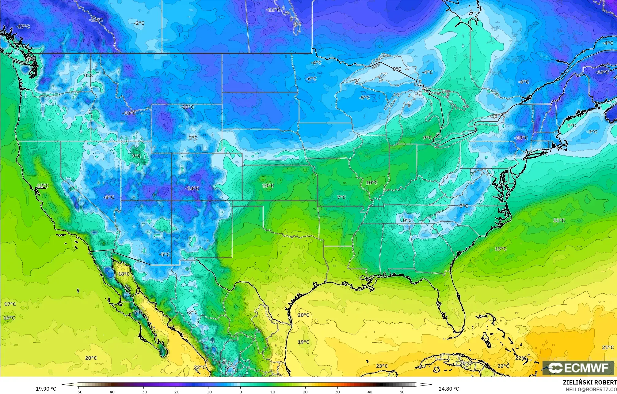 ECMWF IFS 0.25° modelo - United States, Dewpoint at 2m