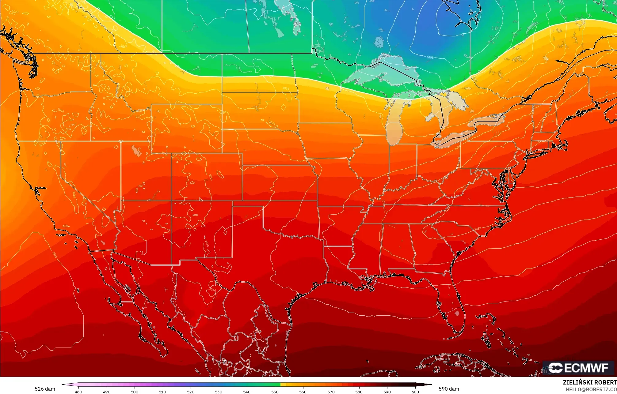 ECMWF IFS 0.25° model - Amerika Syarikat, Ketinggian geopotensial pada 500 hPa
