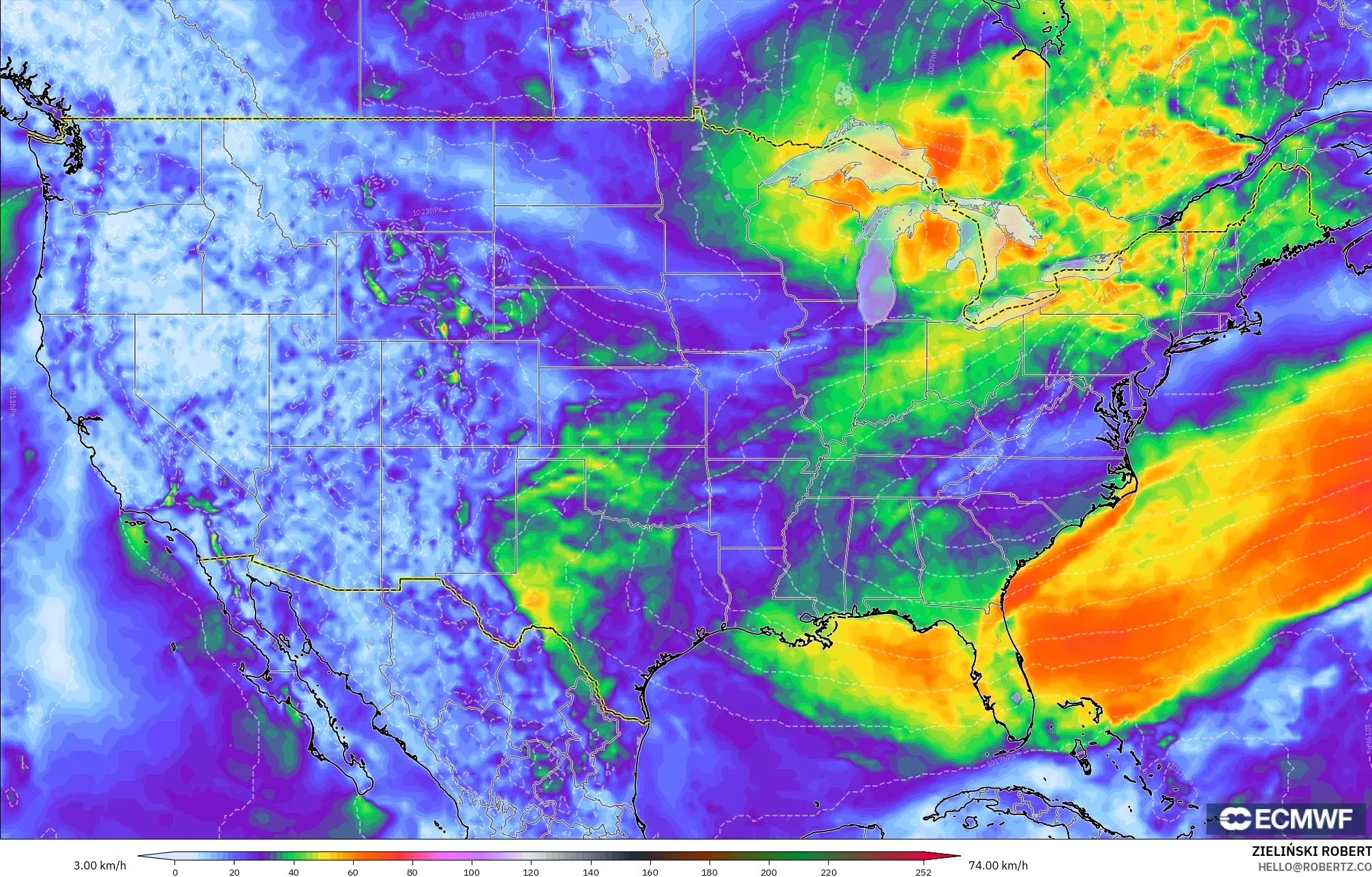 ECMWF IFS 0.25° modelo - United States, Wind Gusts Peak