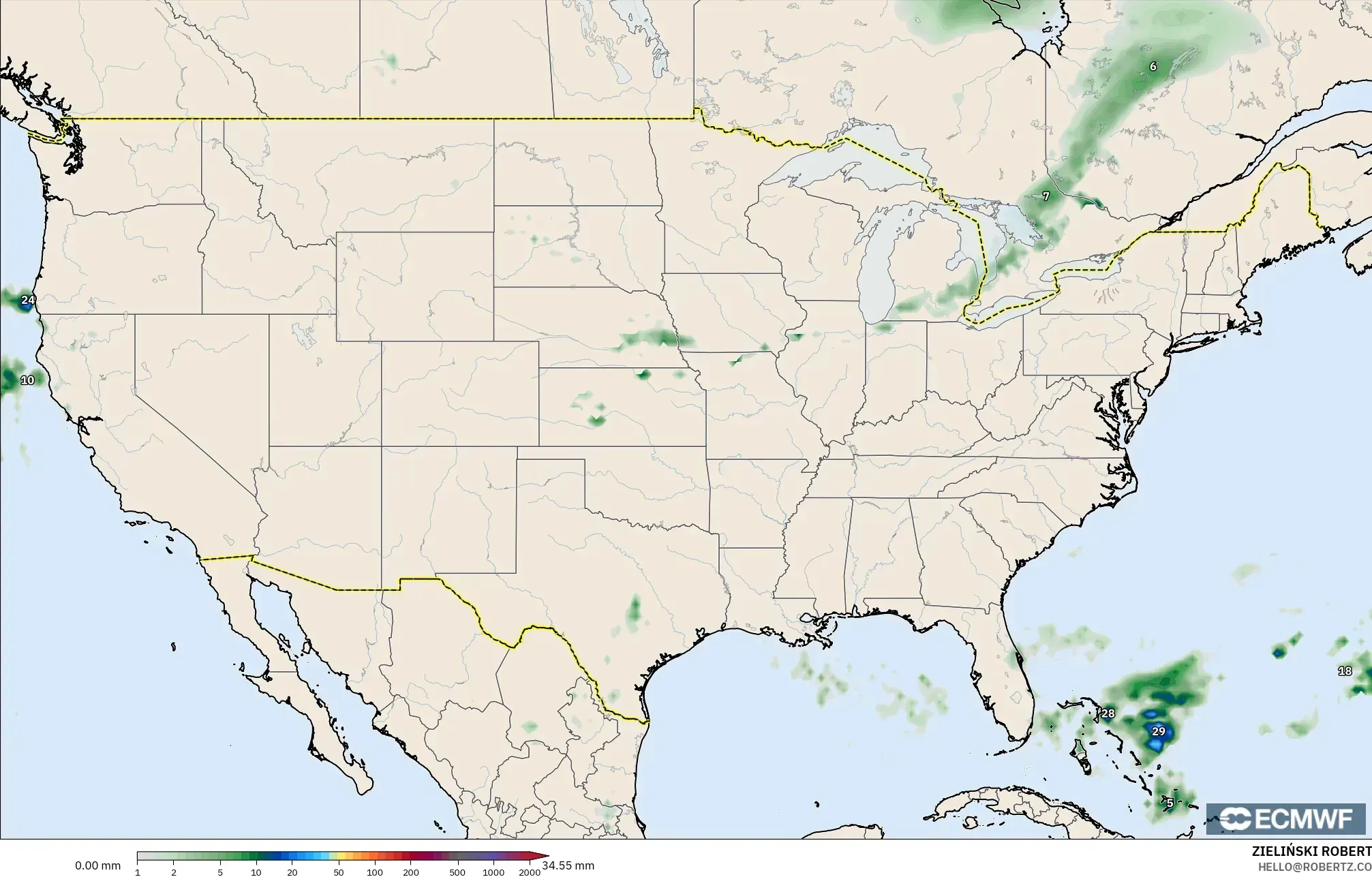 ECMWF IFS 0.25° model - Amerika Syarikat, Pengumpulan Hujan