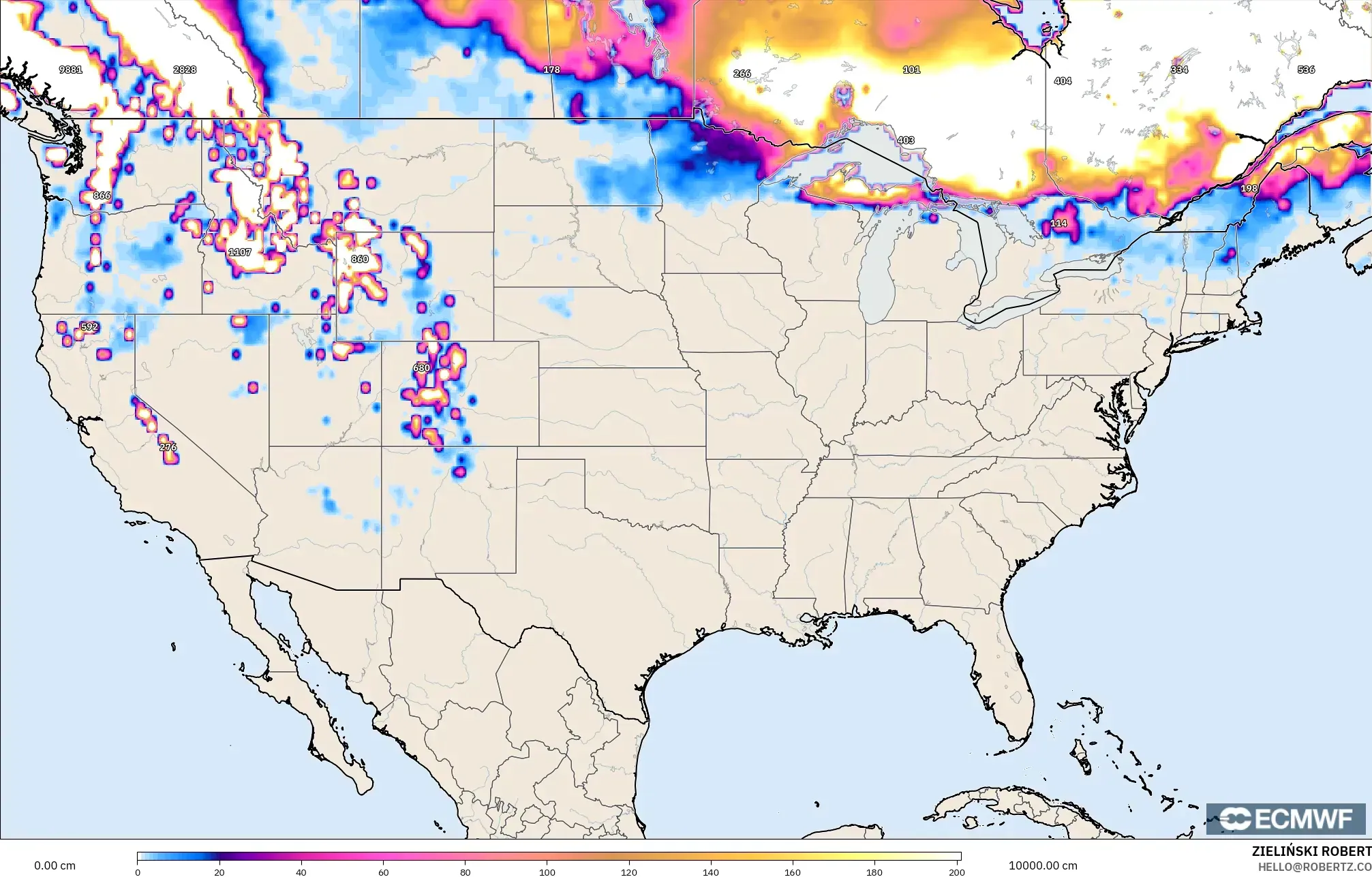 ECMWF IFS 0.25° modelo - United States, Snow Depth