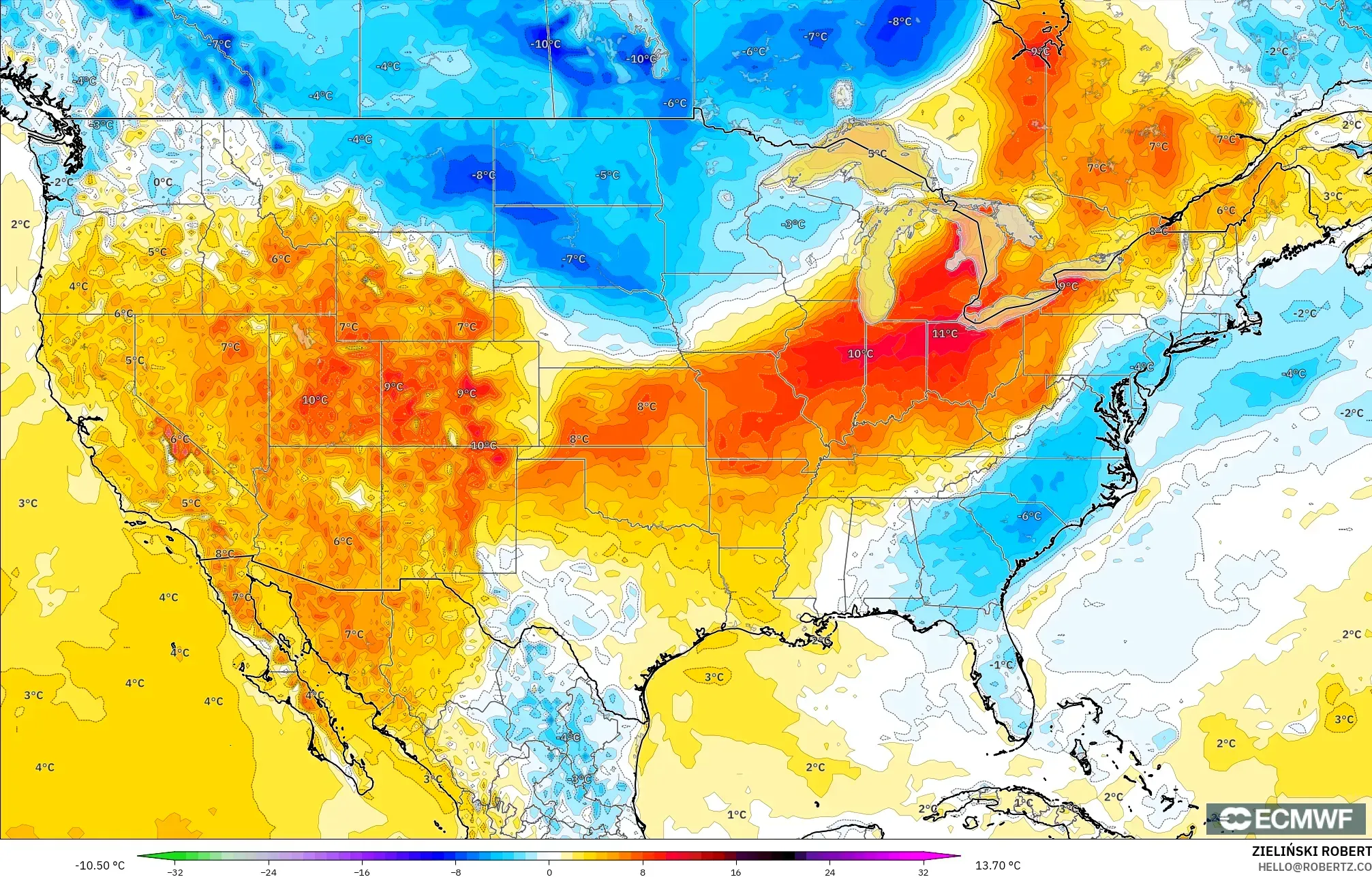 ECMWF IFS 0.25° modelo - United States, Temperature at 2m Anomaly