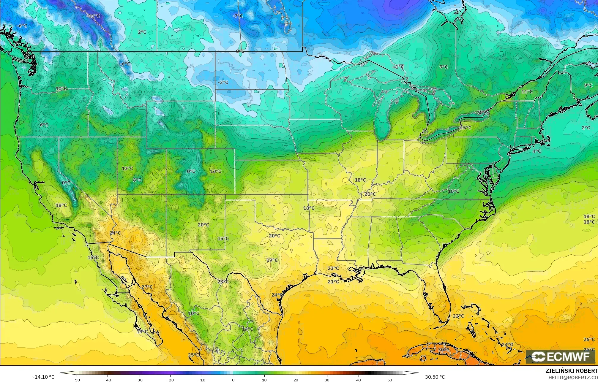 ECMWF IFS 0.25° modelo - United States, Temperature at 2m
