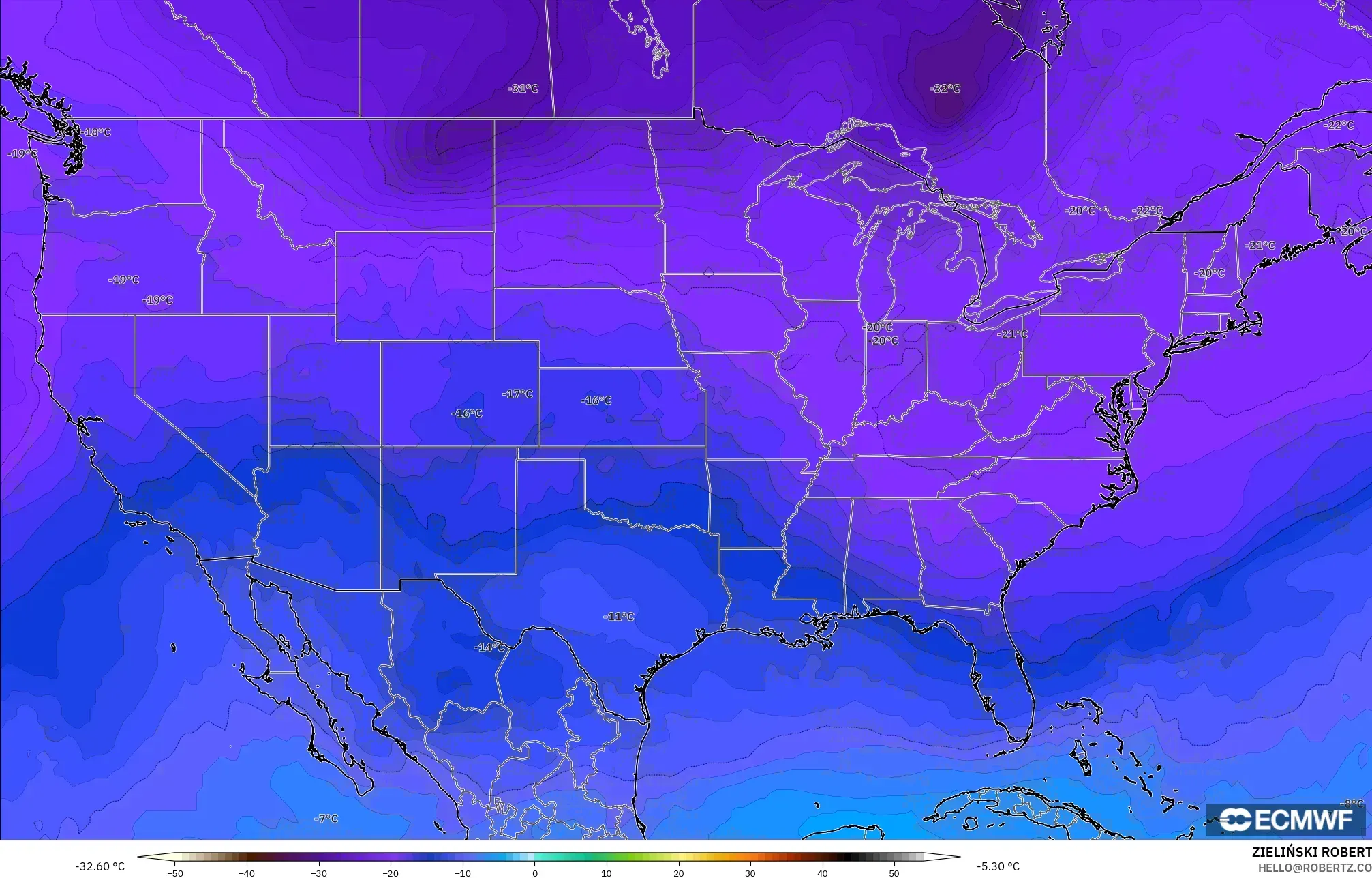 ECMWF IFS 0.25° model - Amerika Syarikat, Suhu 500 hPa