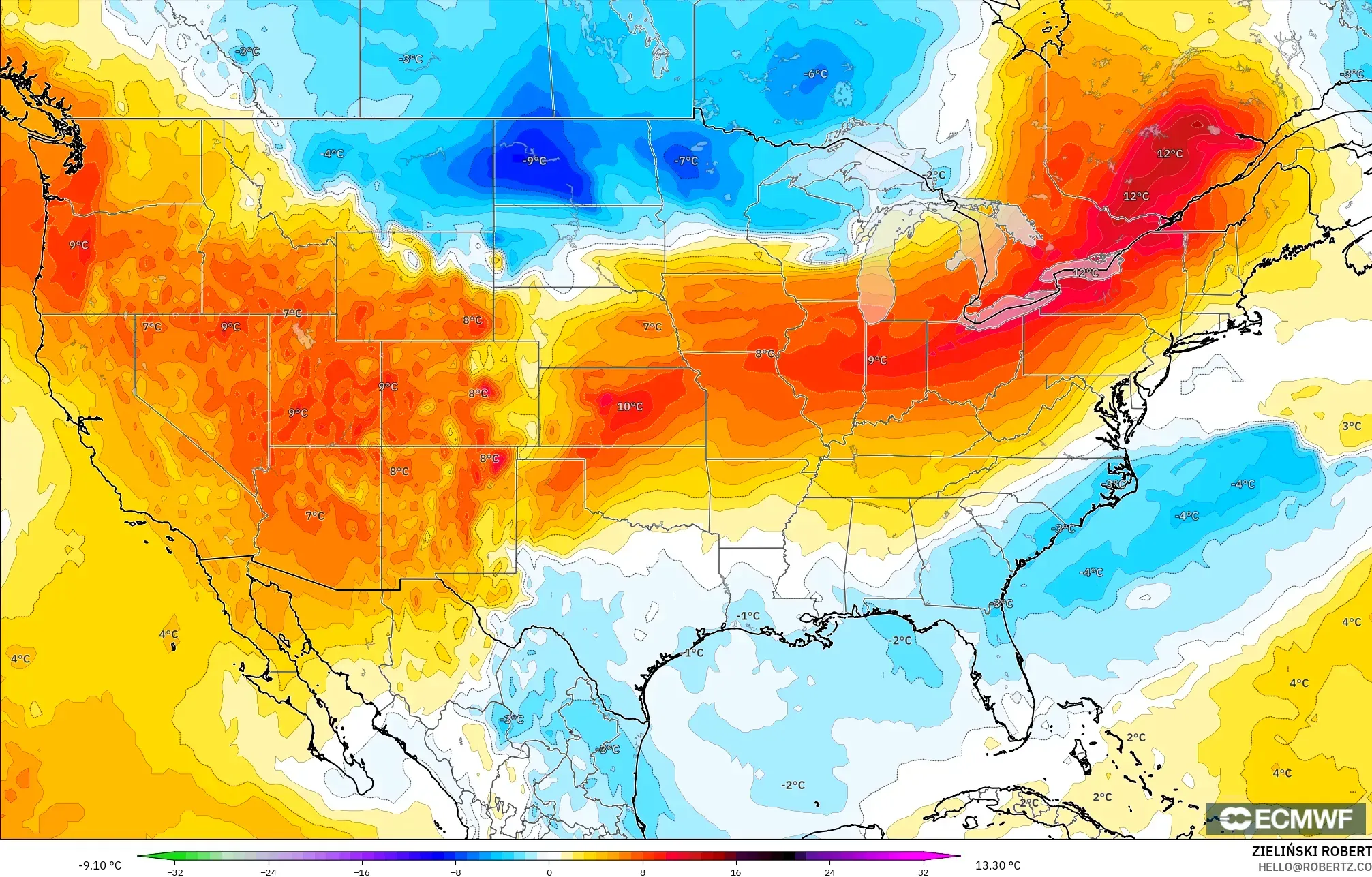 ECMWF IFS 0.25° model - Amerika Syarikat, Anomali Suhu 850 hPa