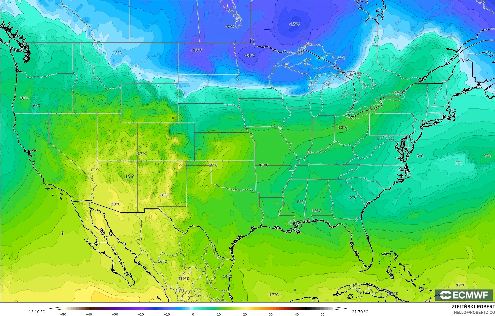 ECMWF IFS 0.25° model - Amerika Syarikat, Suhu 850 hPa