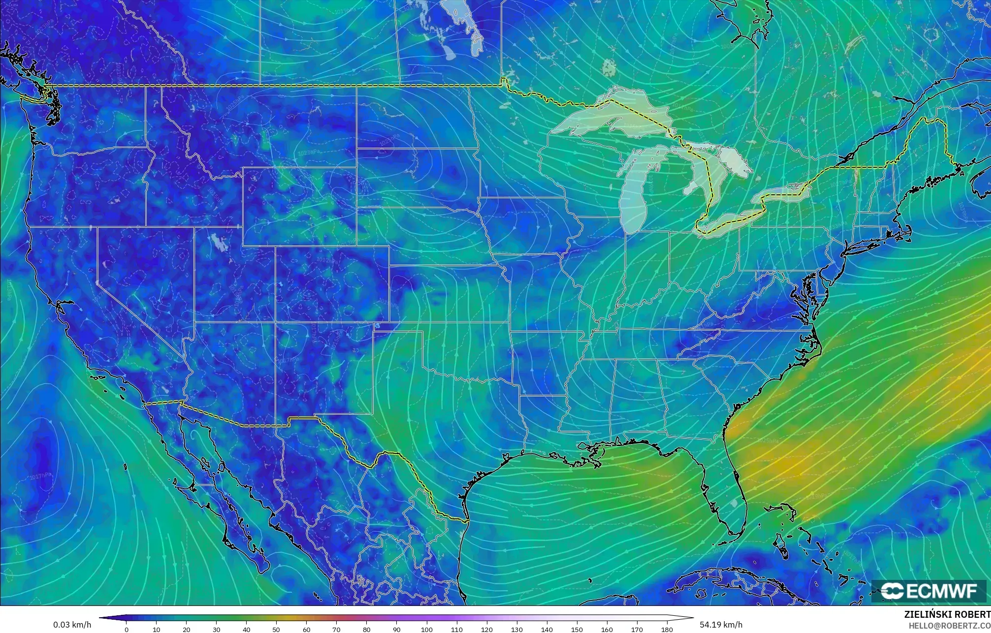ECMWF IFS 0.25° modelo - United States, Wind at 10m