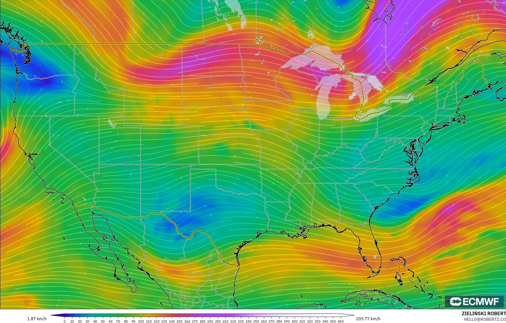 ECMWF IFS 0.25° model - Amerika Syarikat, Angin 300 hPa (aliran jet)