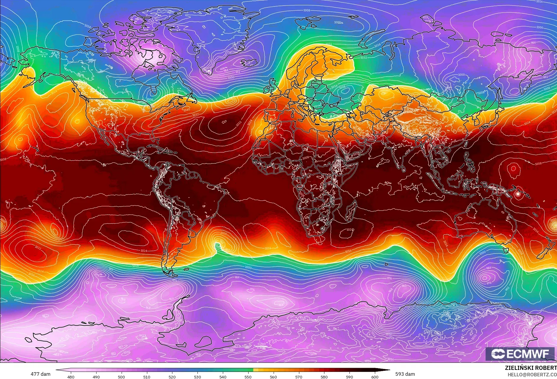 ECMWF IFS 0.25° modelo - World, Geopotential height at 500hPa