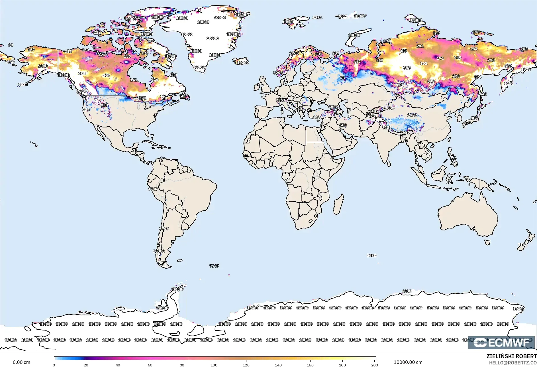 ECMWF IFS 0.25° model - Dunia, Ketebalan Salji
