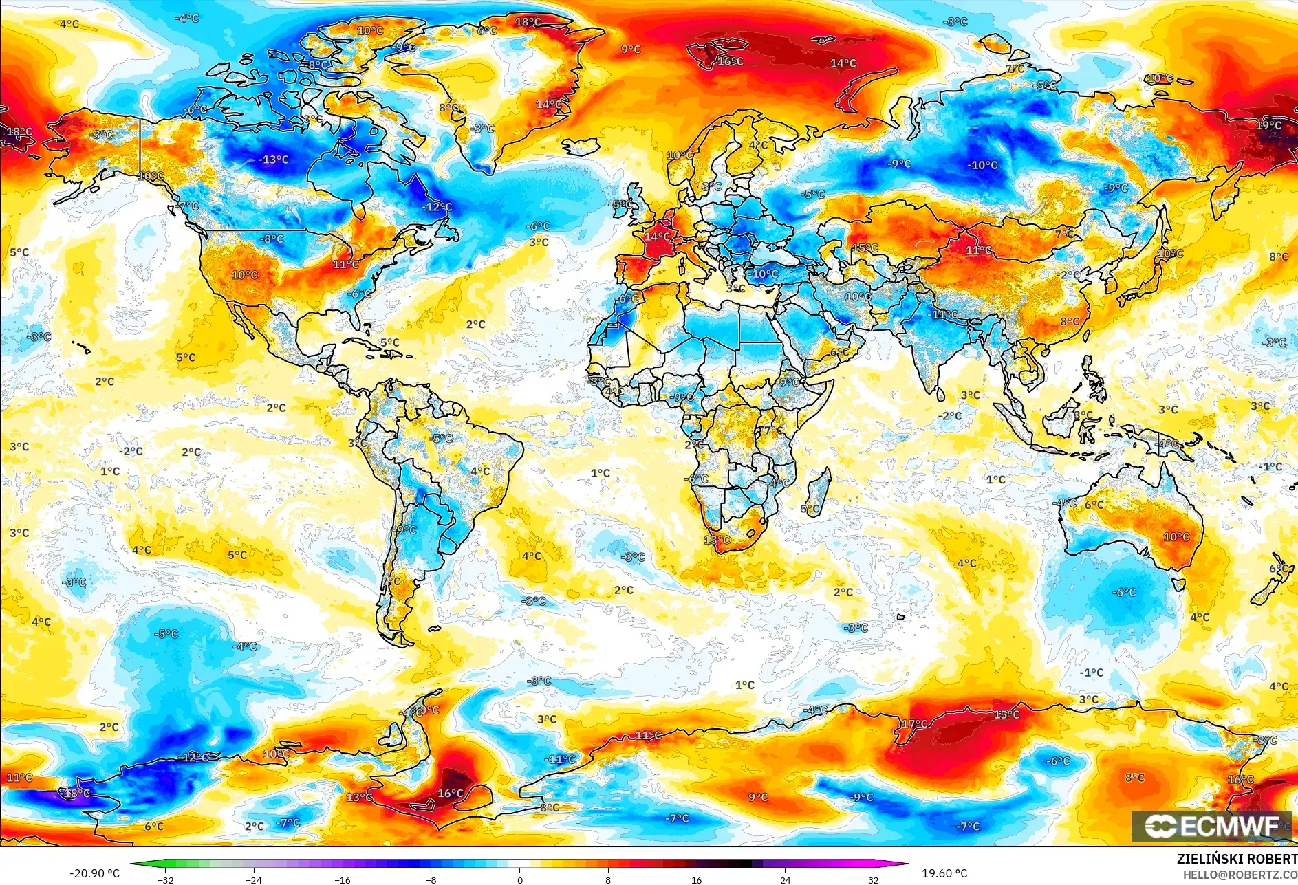 ECMWF IFS 0.25° modelo - World, Temperature at 2m Anomaly