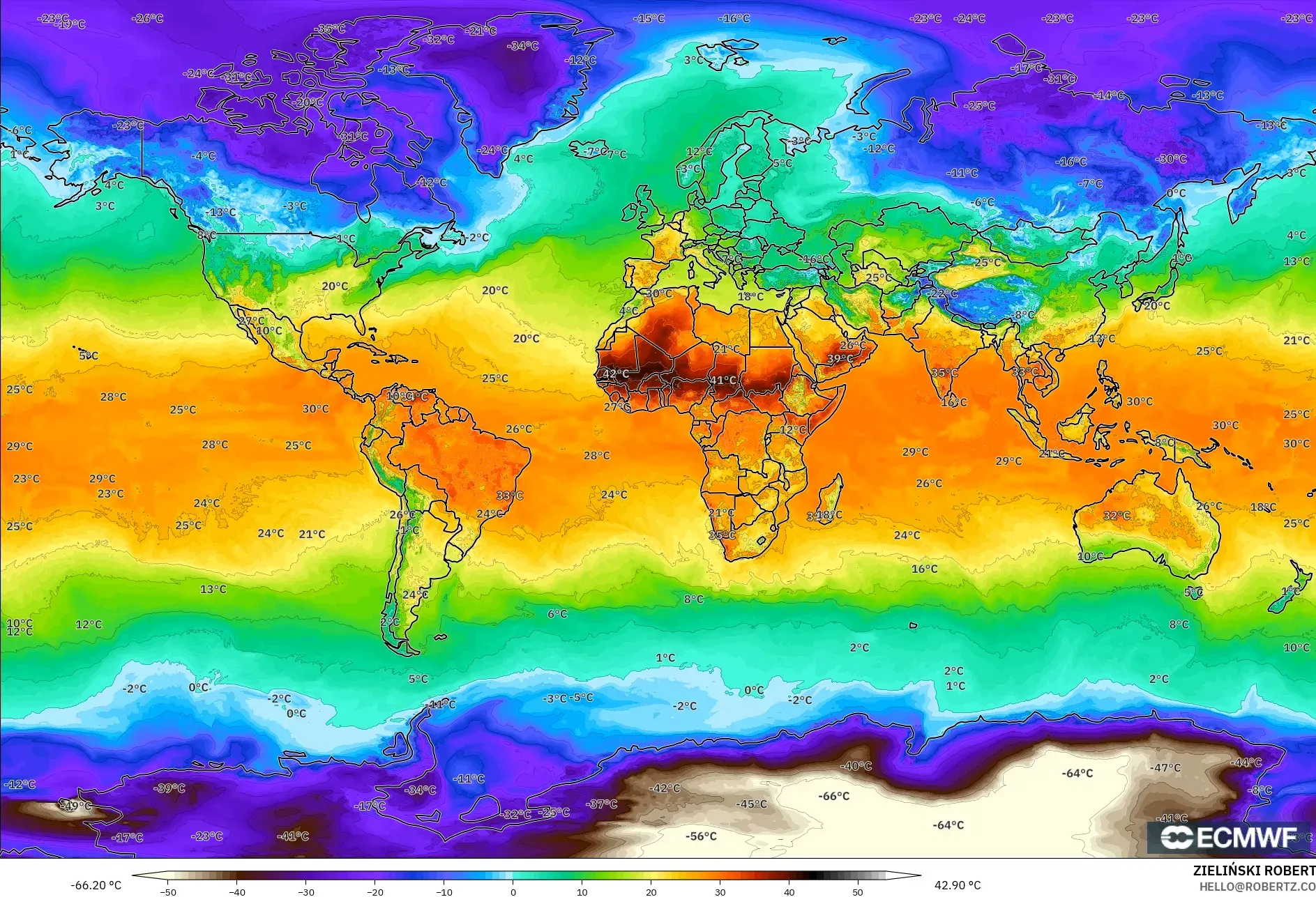 ECMWF IFS 0.25° model - Dunia, Suhu pada 2 m