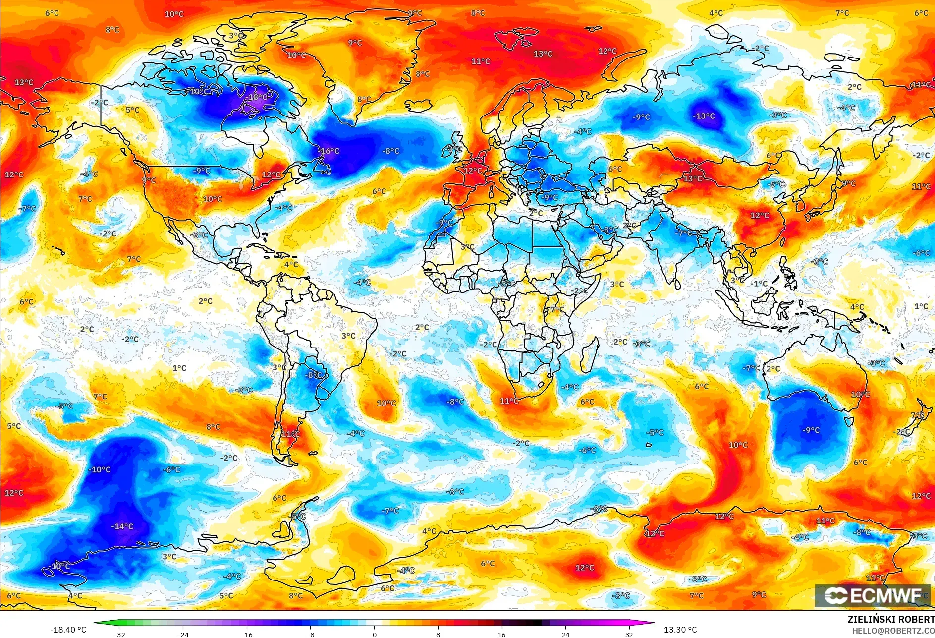 ECMWF IFS 0.25° modelo - World, Temperature at 850hPa Anomaly