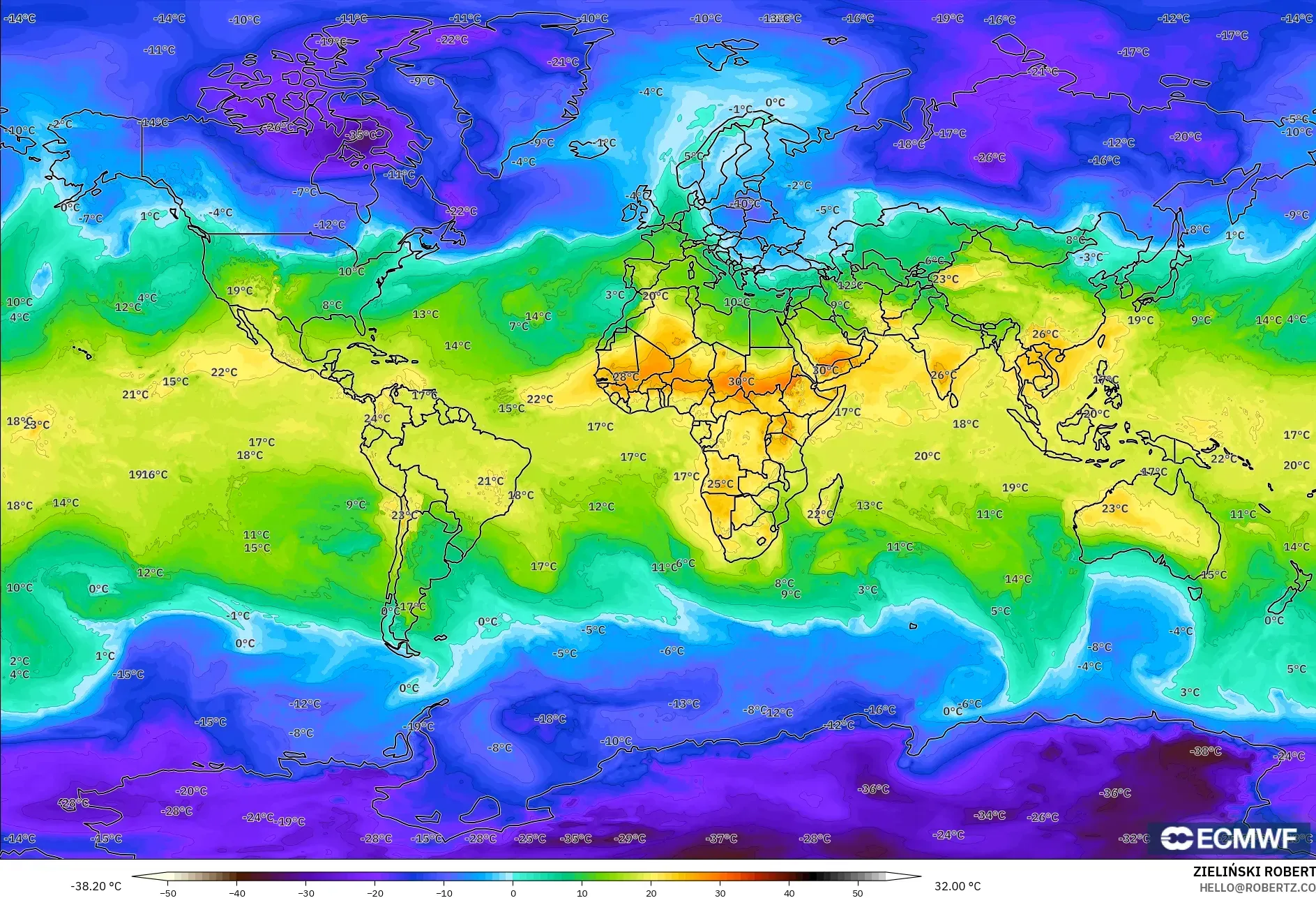 ECMWF IFS 0.25° model - Dunia, Suhu 850 hPa
