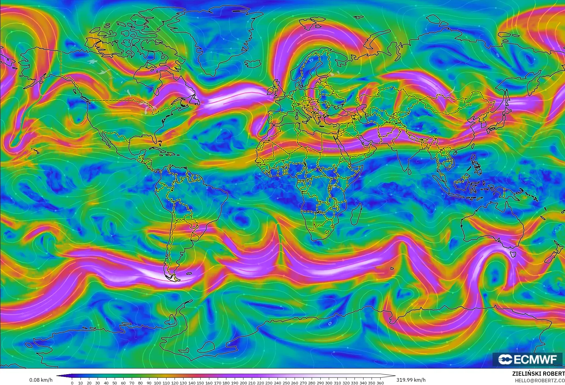 ECMWF IFS 0.25° modelo - World, Wind at 300hPa (jet stream)