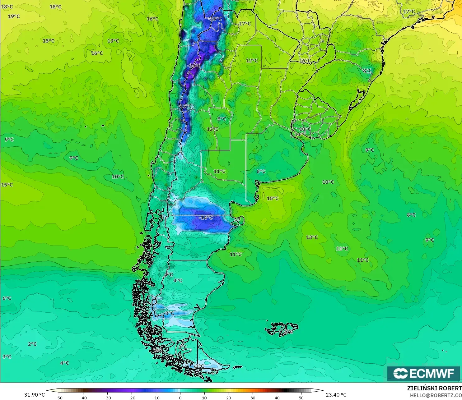 ECMWF IFS 0.25° model - Argentina, Dewpoint at 2m
