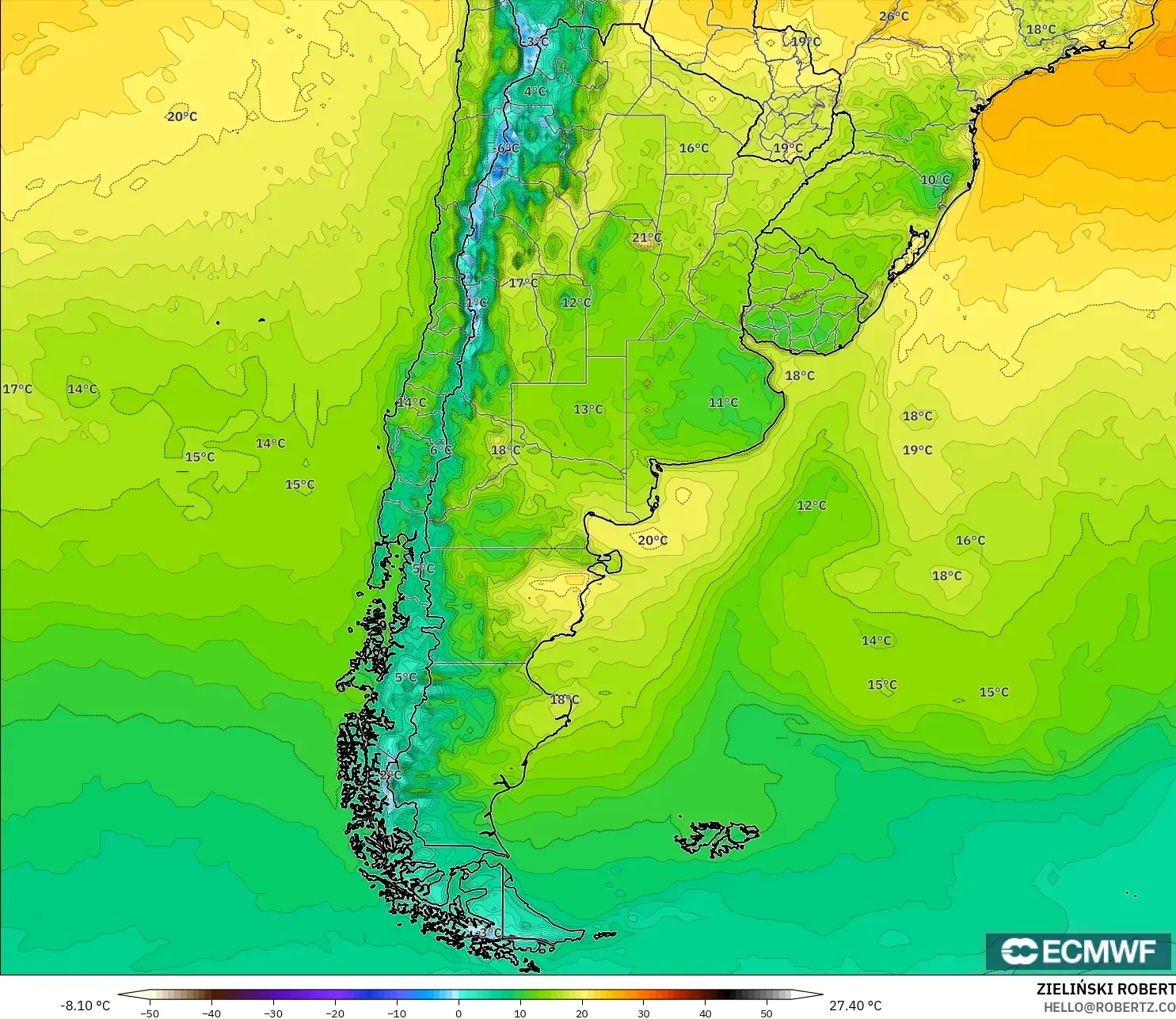 ECMWF IFS 0.25° model - Argentina, Temperature at 2m