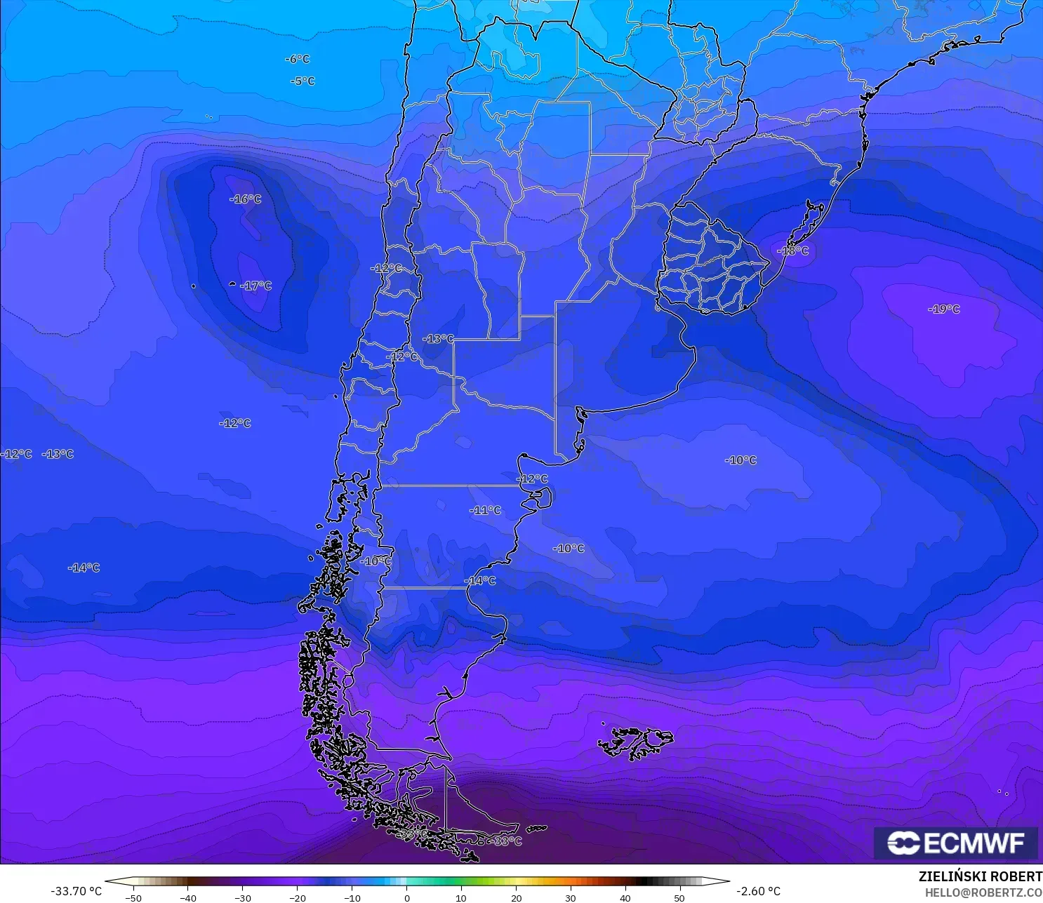 ECMWF IFS 0.25° model - Argentina, Temperature at 500hPa