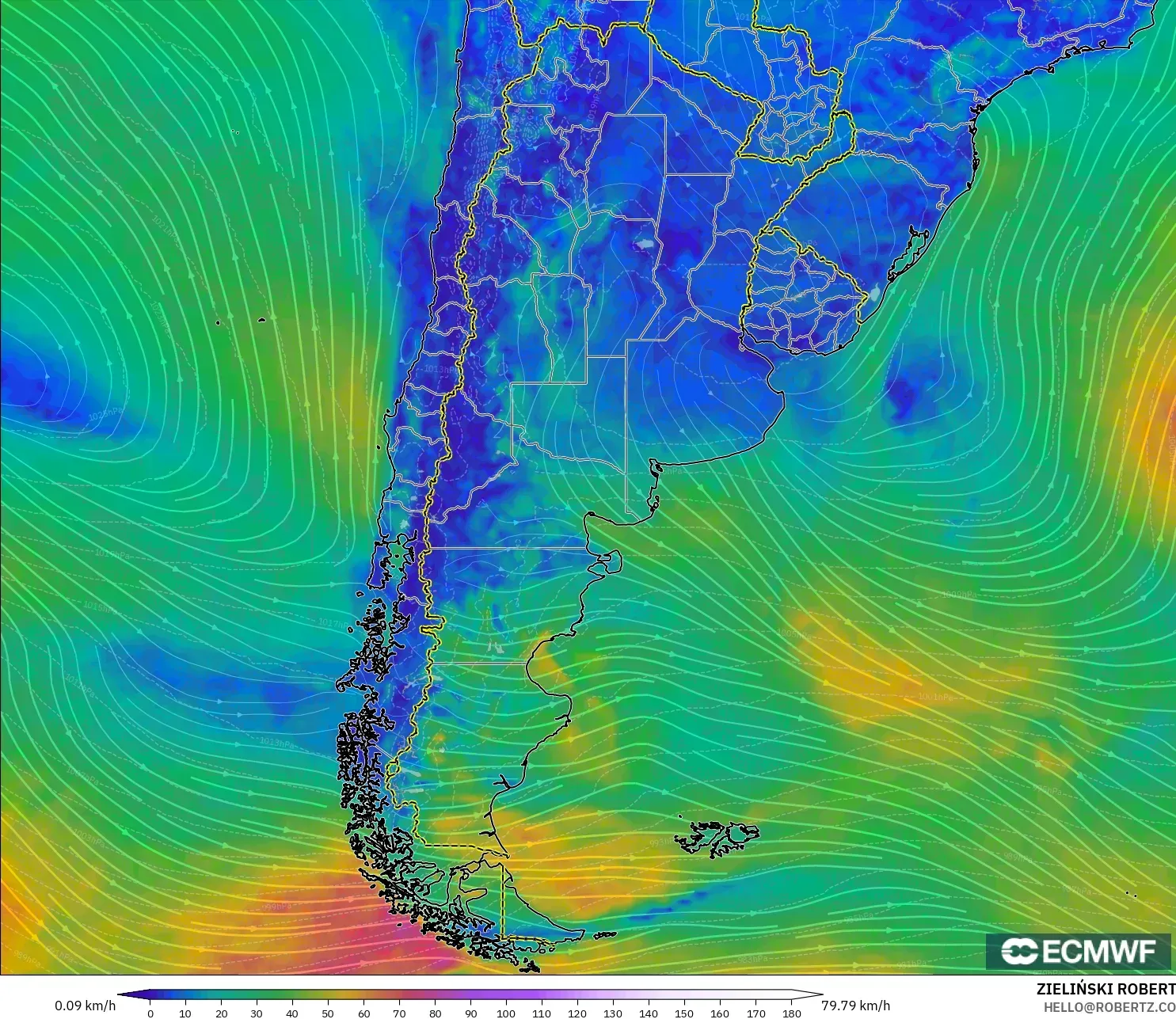 ECMWF IFS 0.25° model - Argentina, Wind at 10m