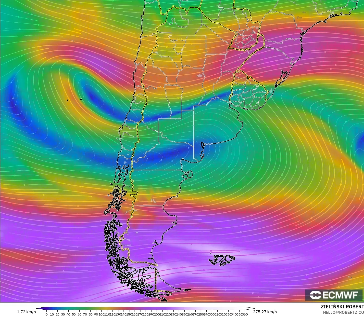 ECMWF IFS 0.25° model - Argentina, Wind at 300hPa (jet stream)