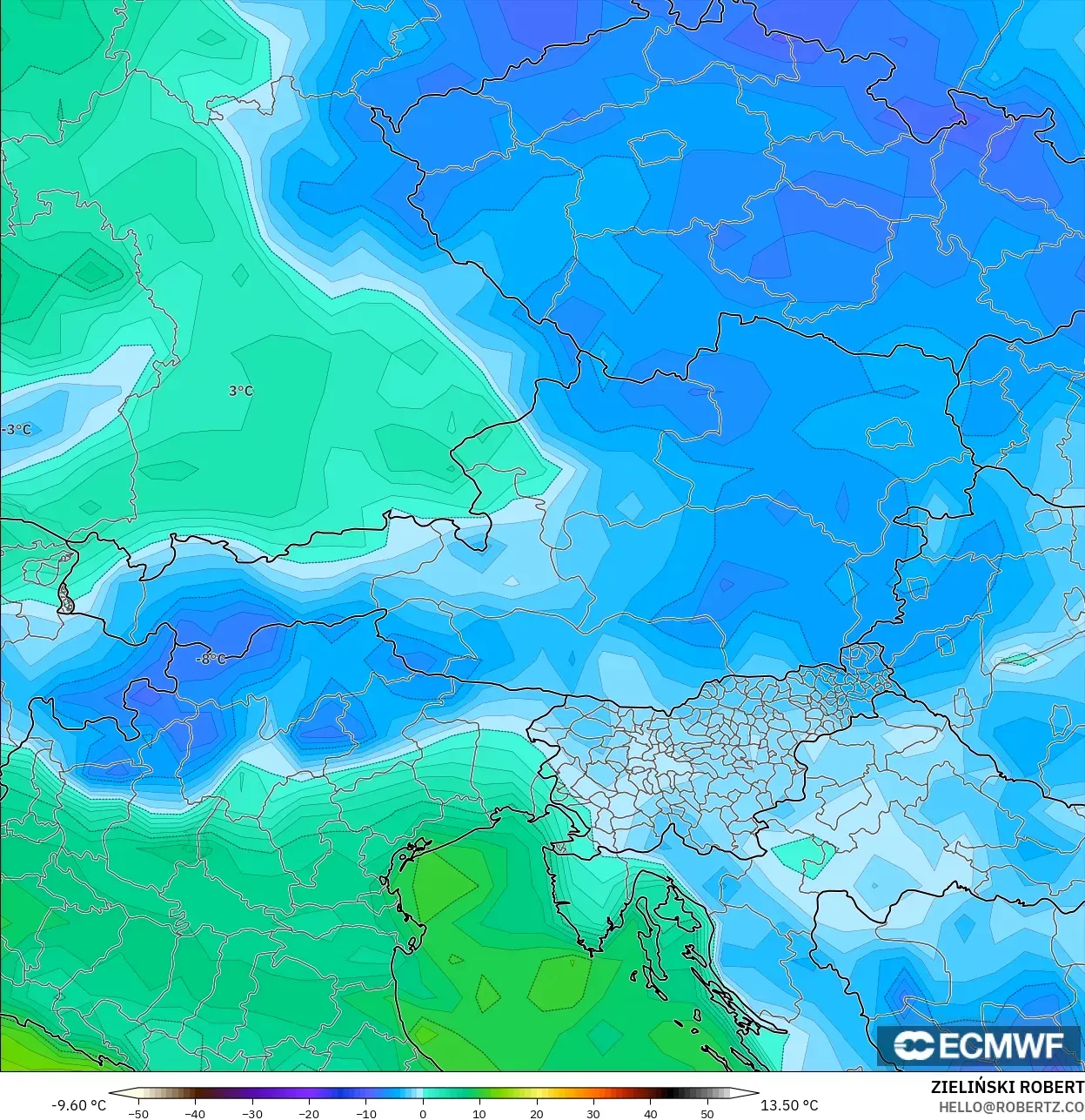 ECMWF IFS 0.25° model - Austria, Dewpoint at 2m