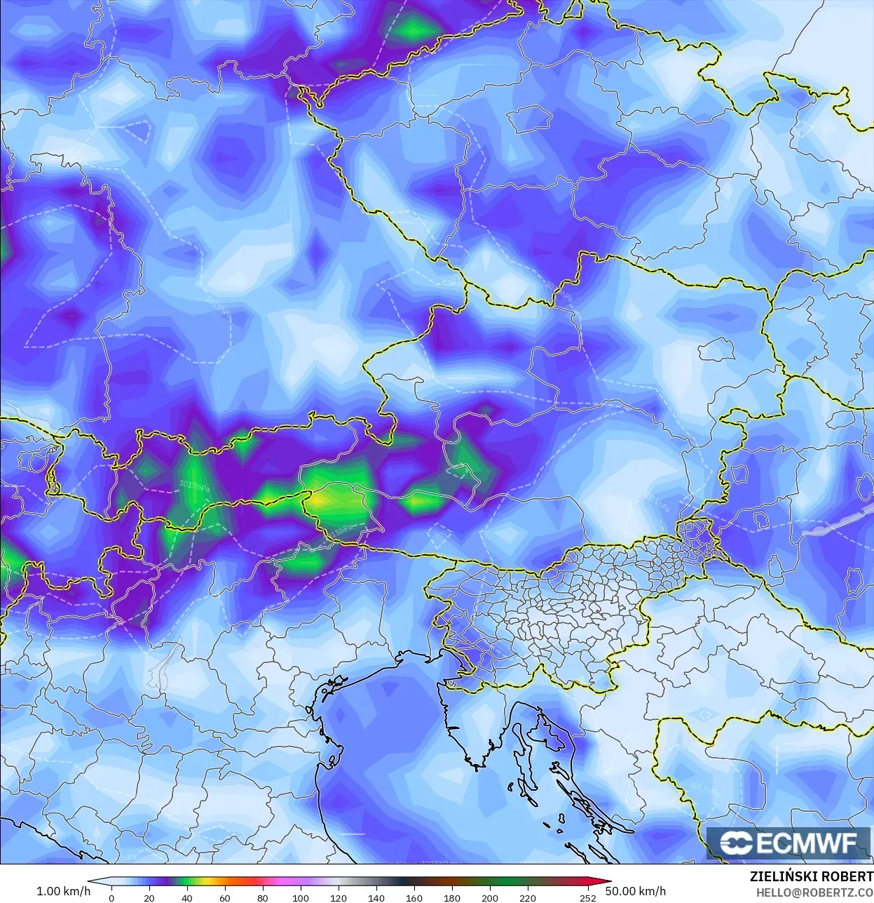ECMWF IFS 0.25° model - Austria, Wind Gusts
