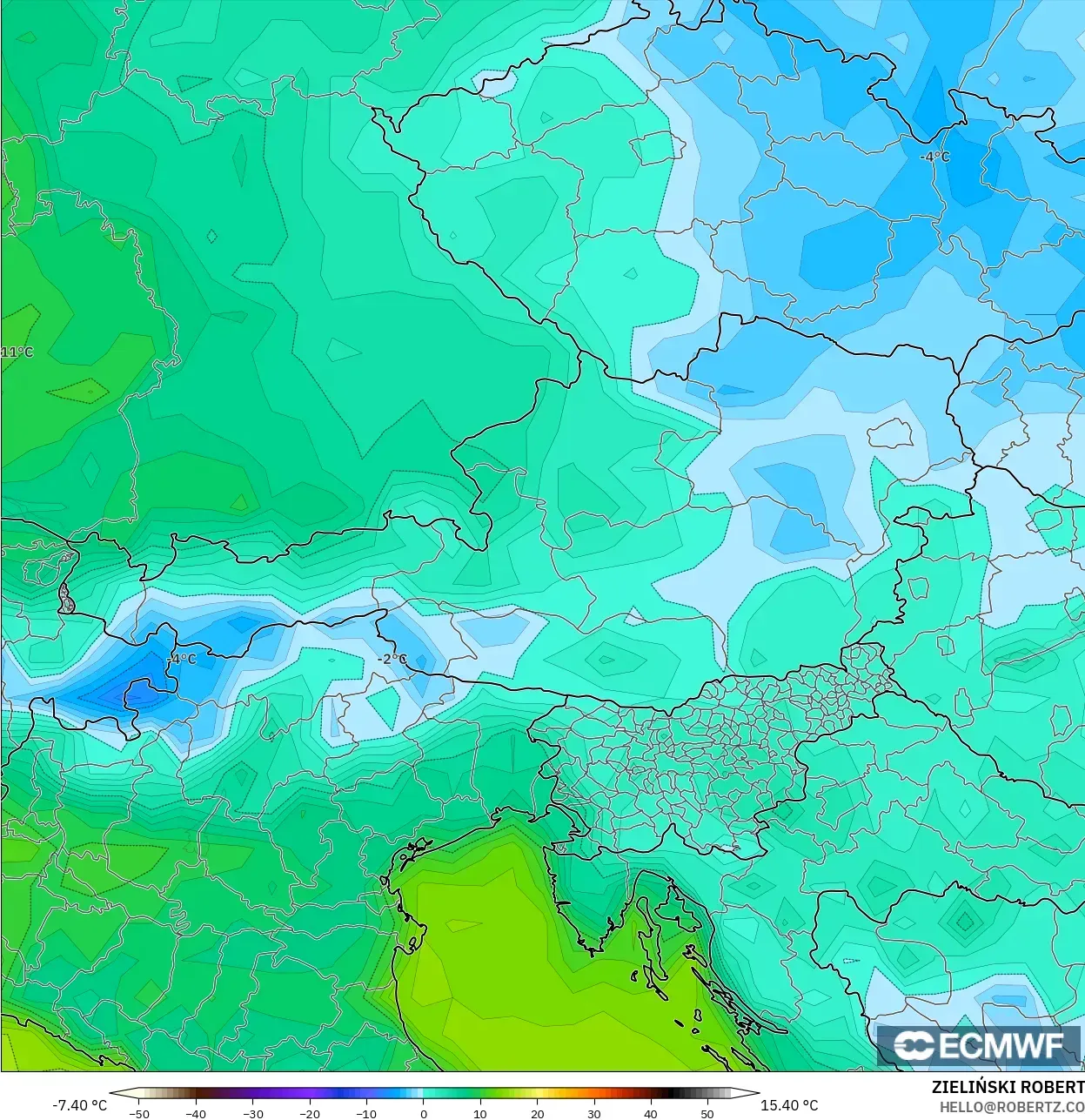 ECMWF IFS 0.25° model - Austria, Temperature at 2m