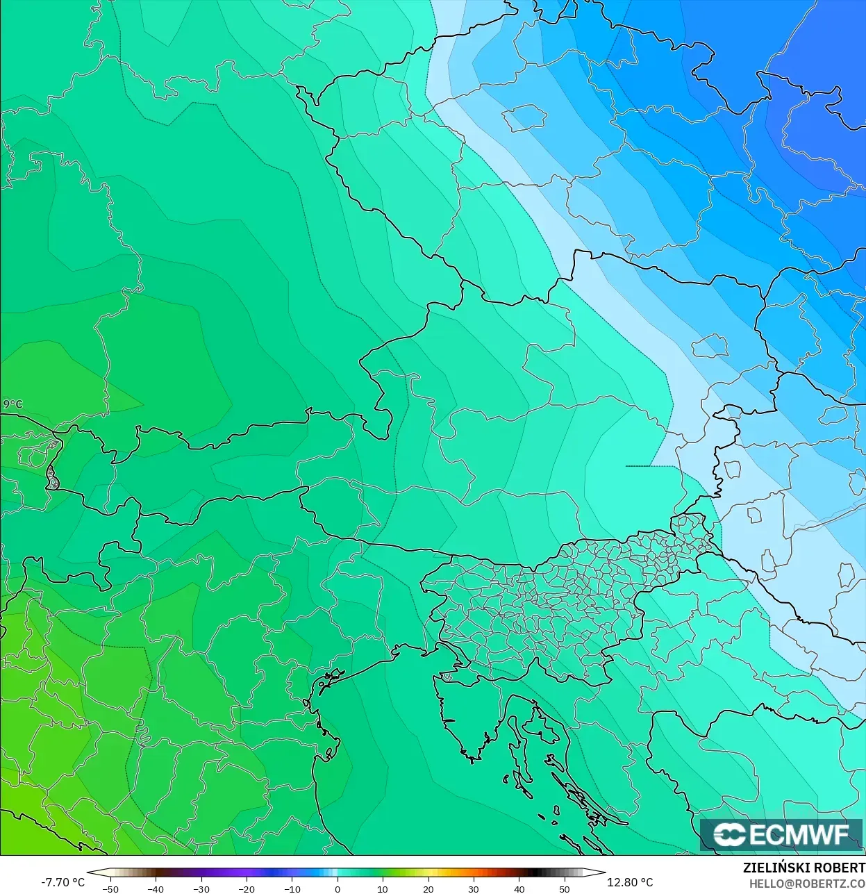ECMWF IFS 0.25° model - Austria, Temperature at 850hPa