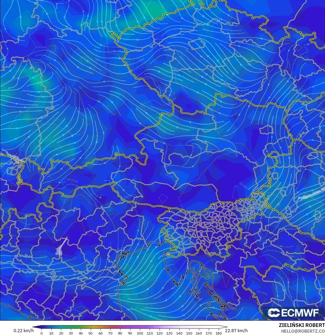 ECMWF IFS 0.25° model - Austria, Wind at 10m