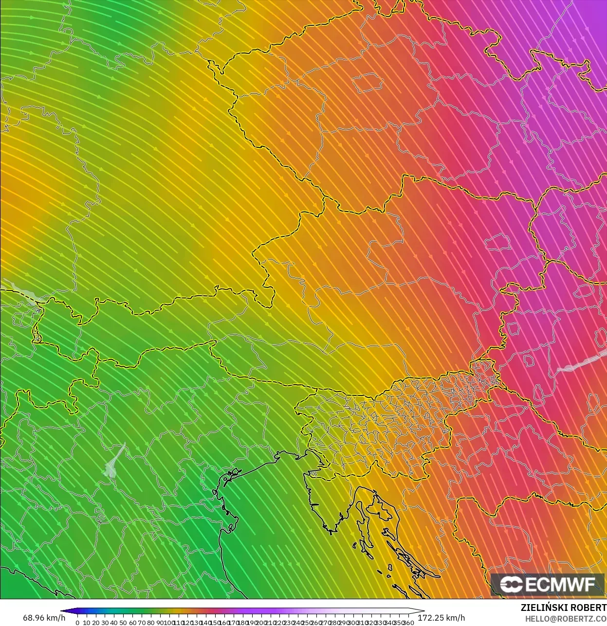 ECMWF IFS 0.25° model - Austria, Wind at 300hPa (jet stream)