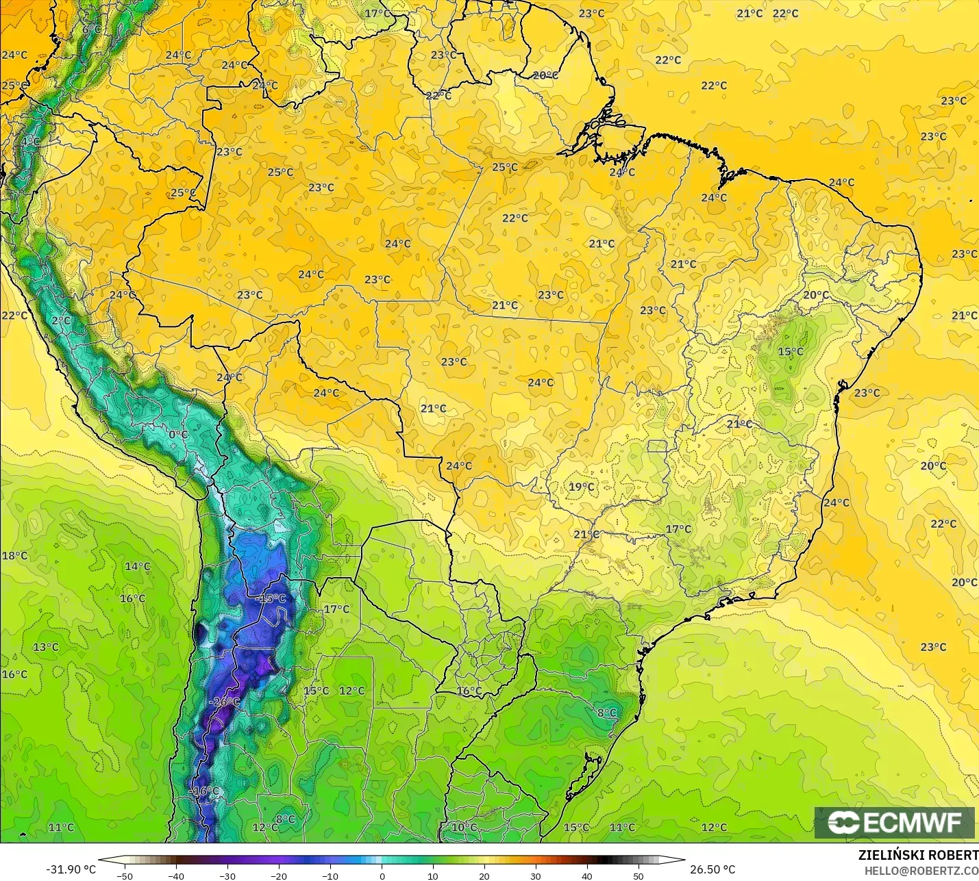 ECMWF IFS 0.25° model - Brazil, Dewpoint at 2m