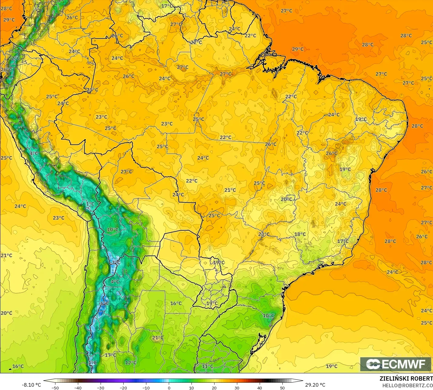 ECMWF IFS 0.25° model - Brazil, Temperature at 2m