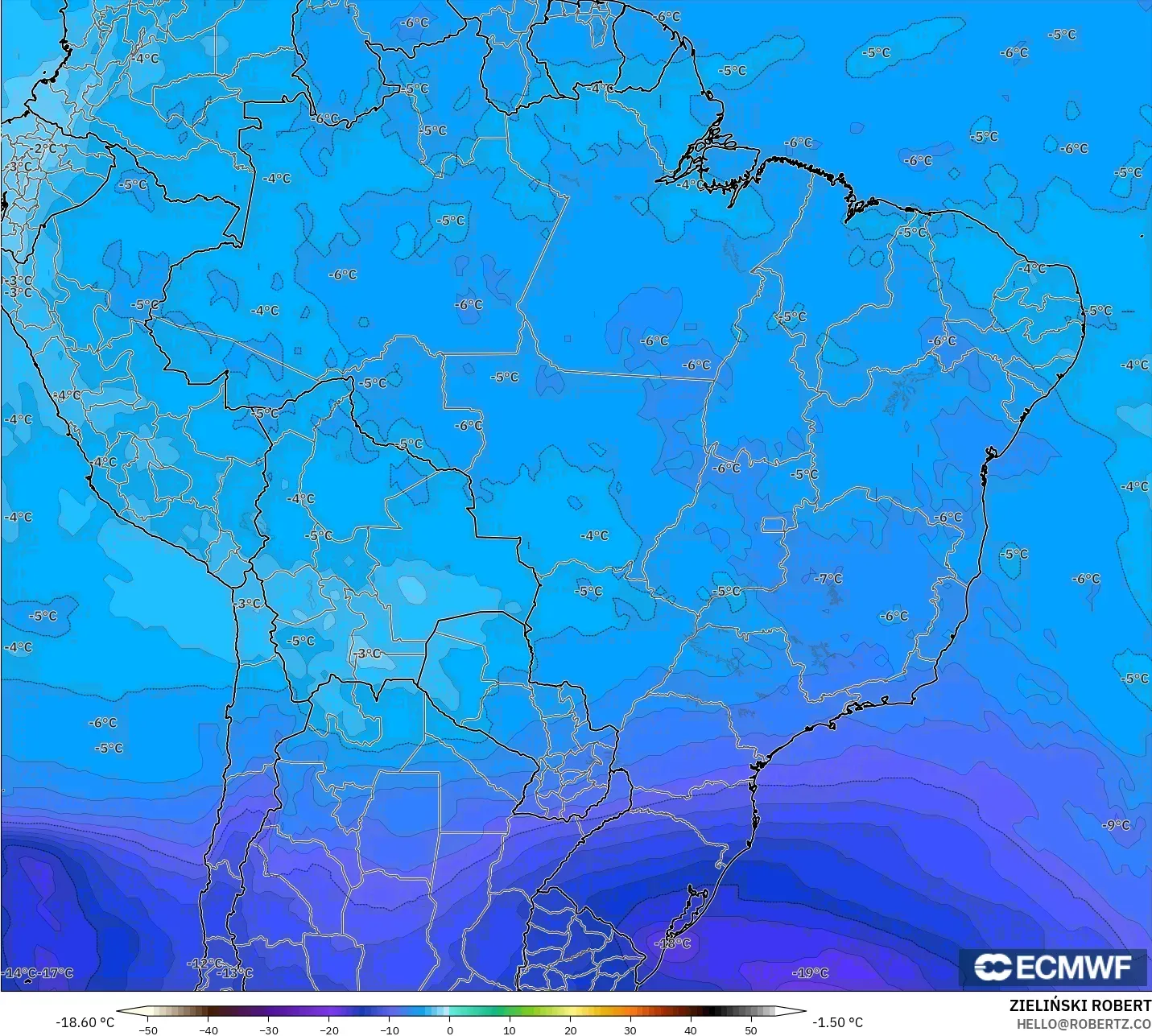 ECMWF IFS 0.25° model - Brazil, Temperature at 500hPa
