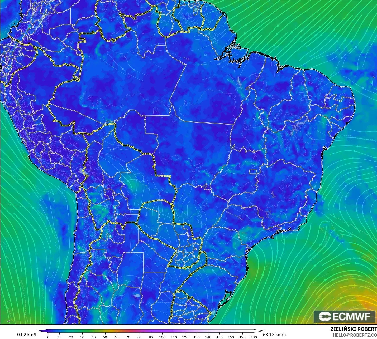 ECMWF IFS 0.25° model - Brazil, Wind at 10m