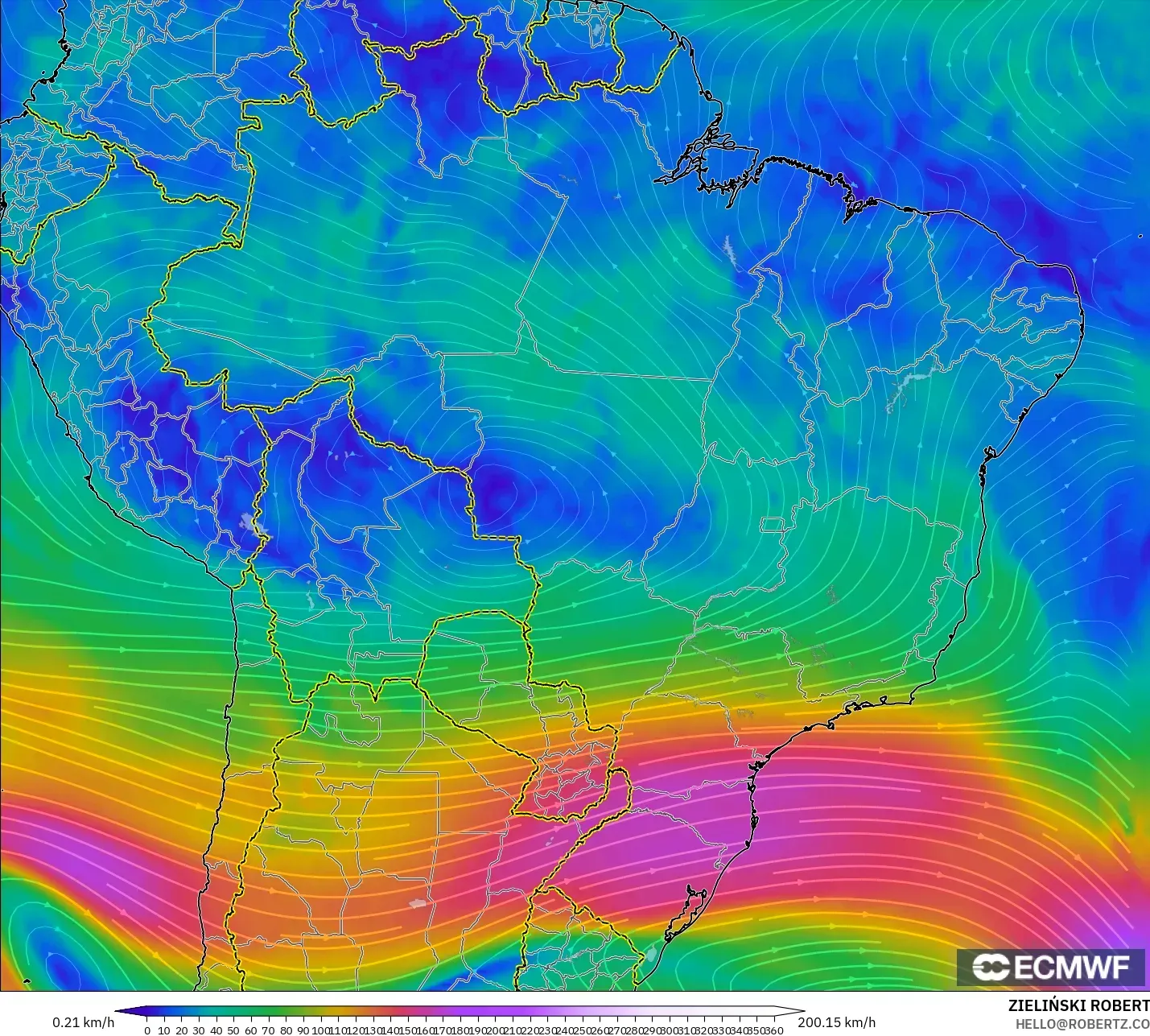 ECMWF IFS 0.25° model - Brazil, Wind at 300hPa (jet stream)
