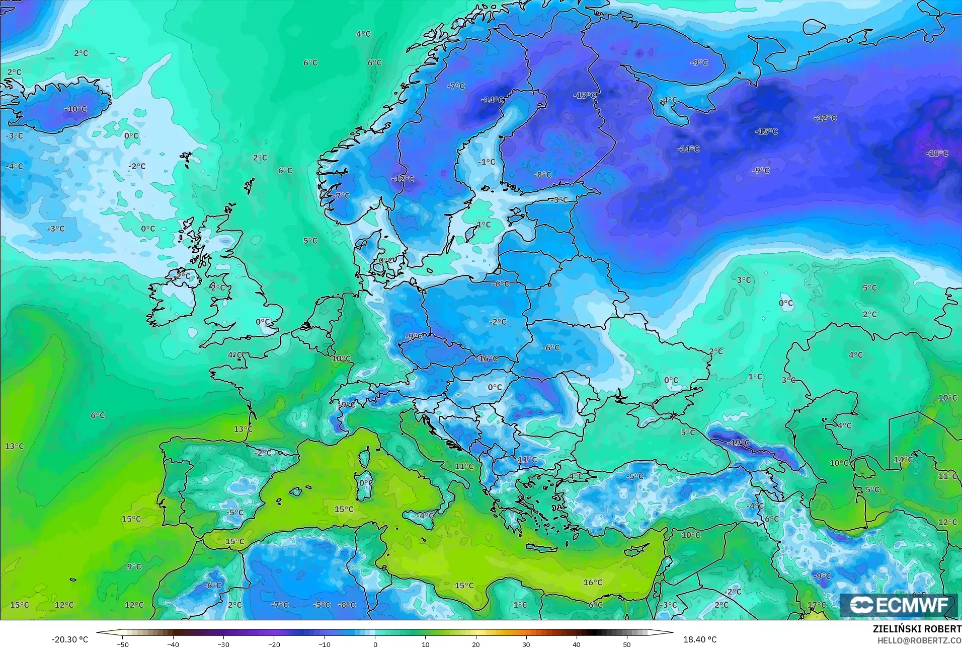 ECMWF IFS 0.25° model - Europe, Dewpoint at 2m