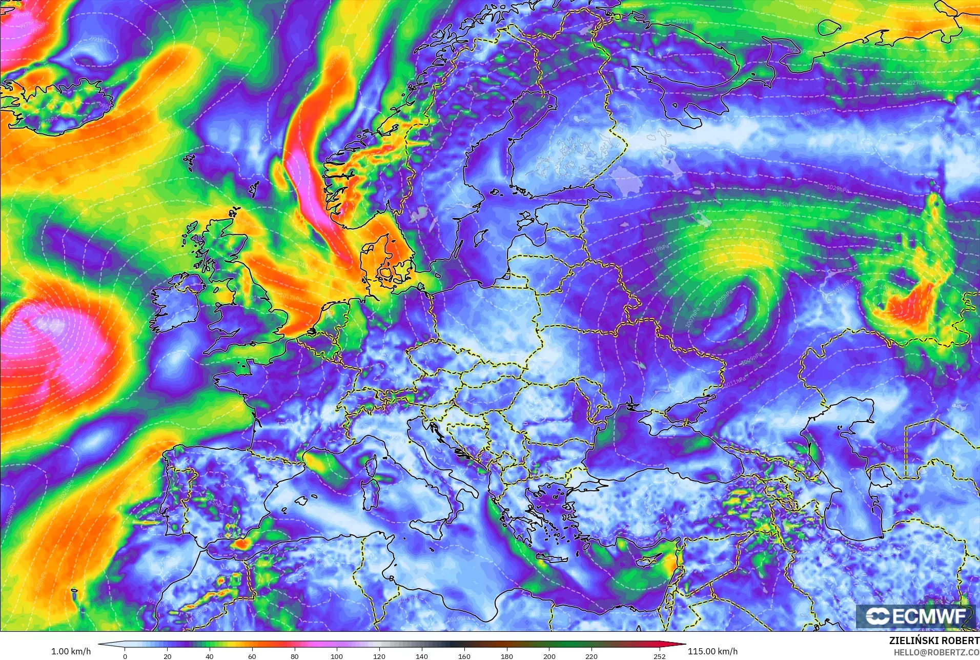 ECMWF IFS 0.25° model - Europe, Wind Gusts