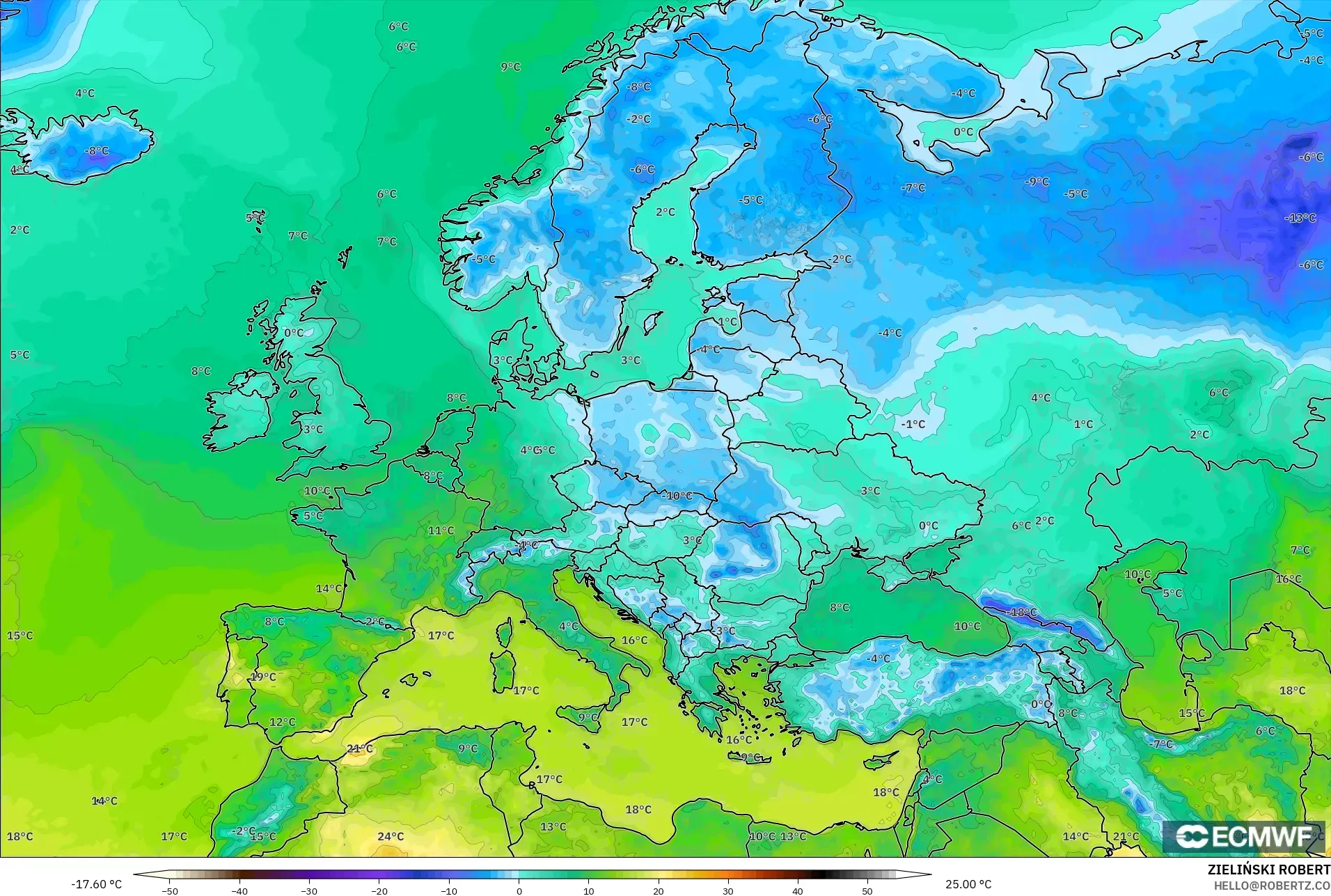 ECMWF IFS 0.25° model - Europe, Temperature at 2m