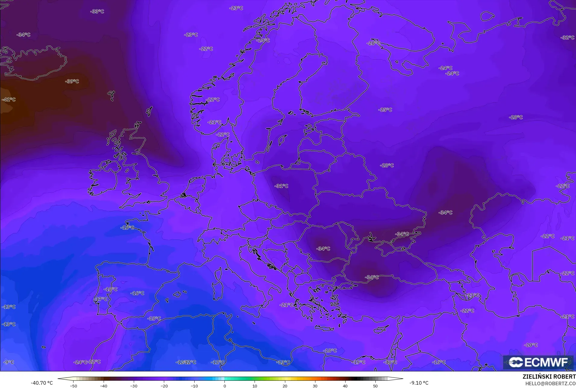 ECMWF IFS 0.25° model - Europe, Temperature at 500hPa