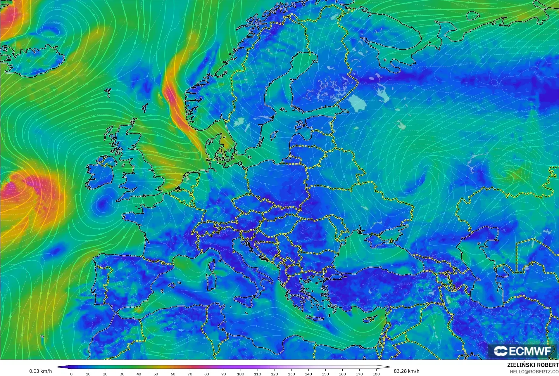 ECMWF IFS 0.25° model - Europe, Wind at 10m