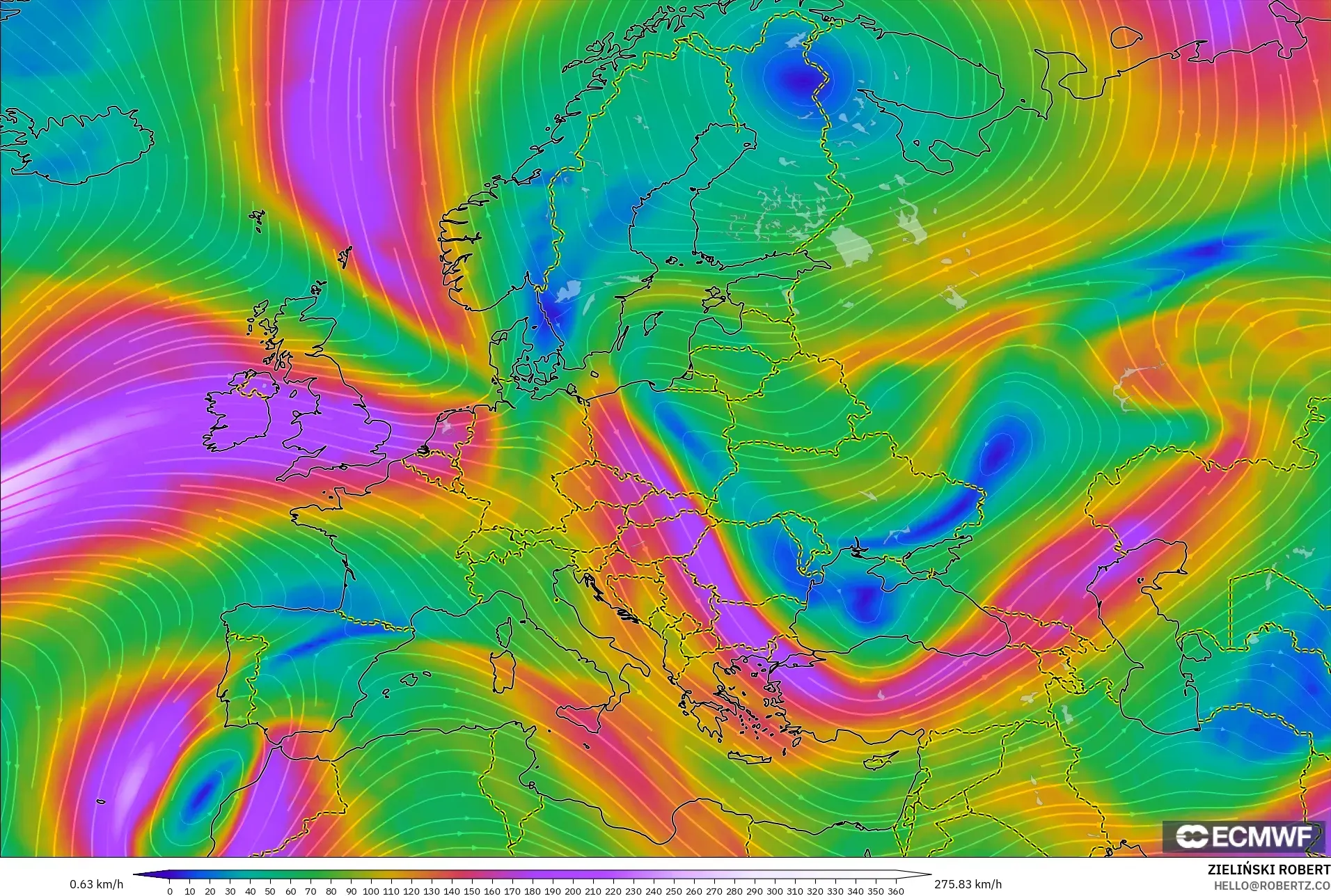 ECMWF IFS 0.25° model - Europe, Wind at 300hPa (jet stream)