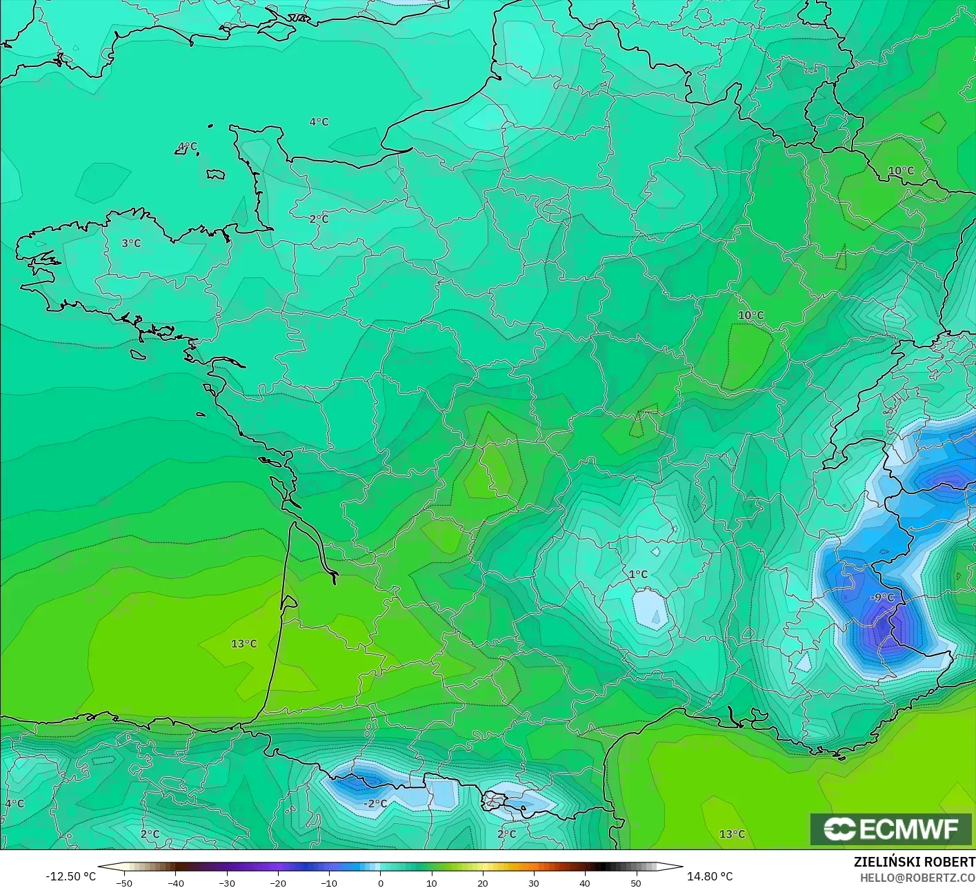 ECMWF IFS 0.25° model - France, Dewpoint at 2m