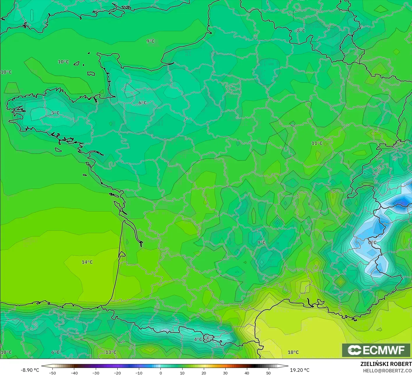 ECMWF IFS 0.25° model - France, Temperature at 2m