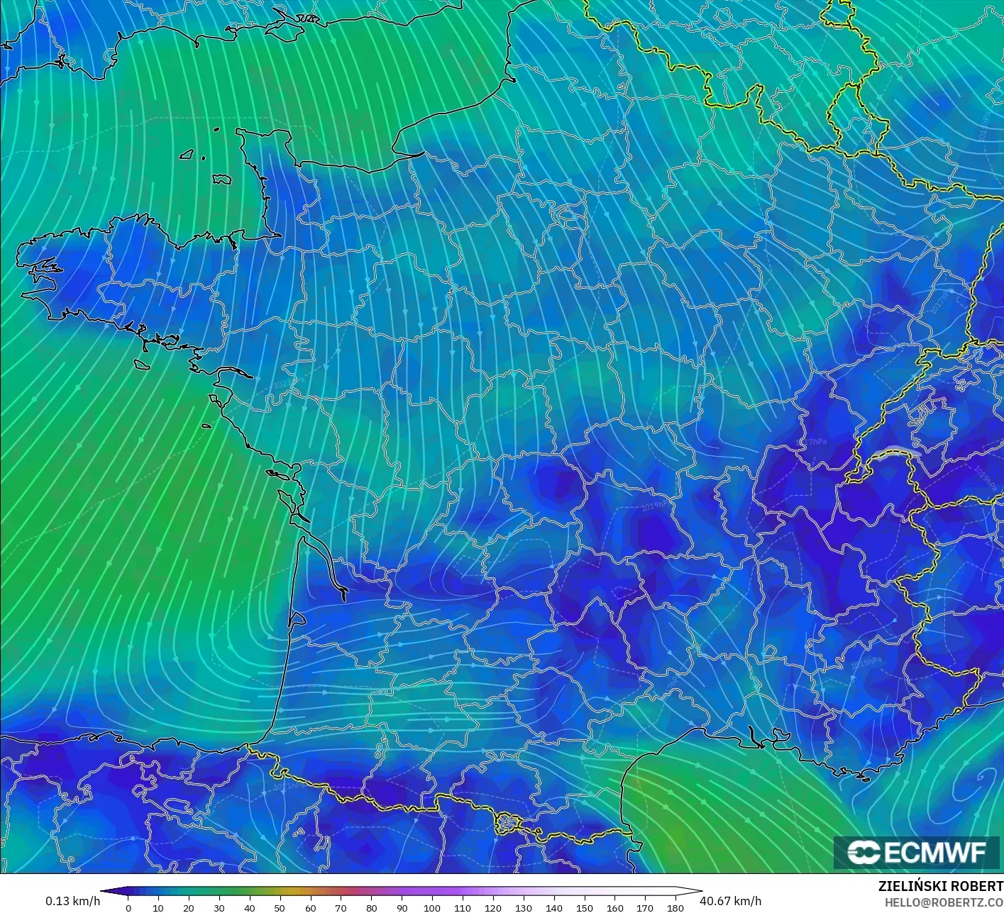 ECMWF IFS 0.25° model - France, Wind at 10m