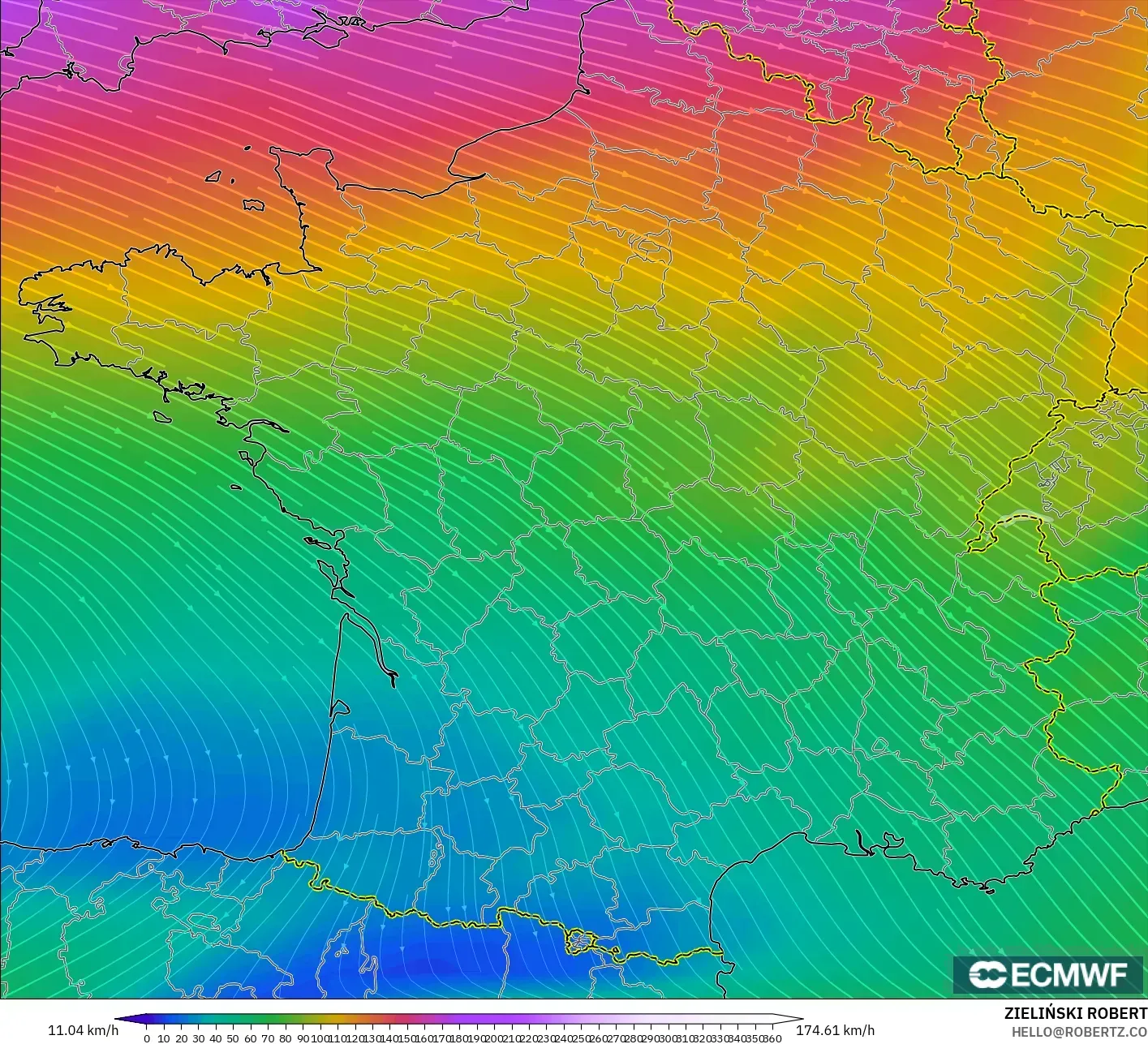 ECMWF IFS 0.25° model - France, Wind at 300hPa (jet stream)