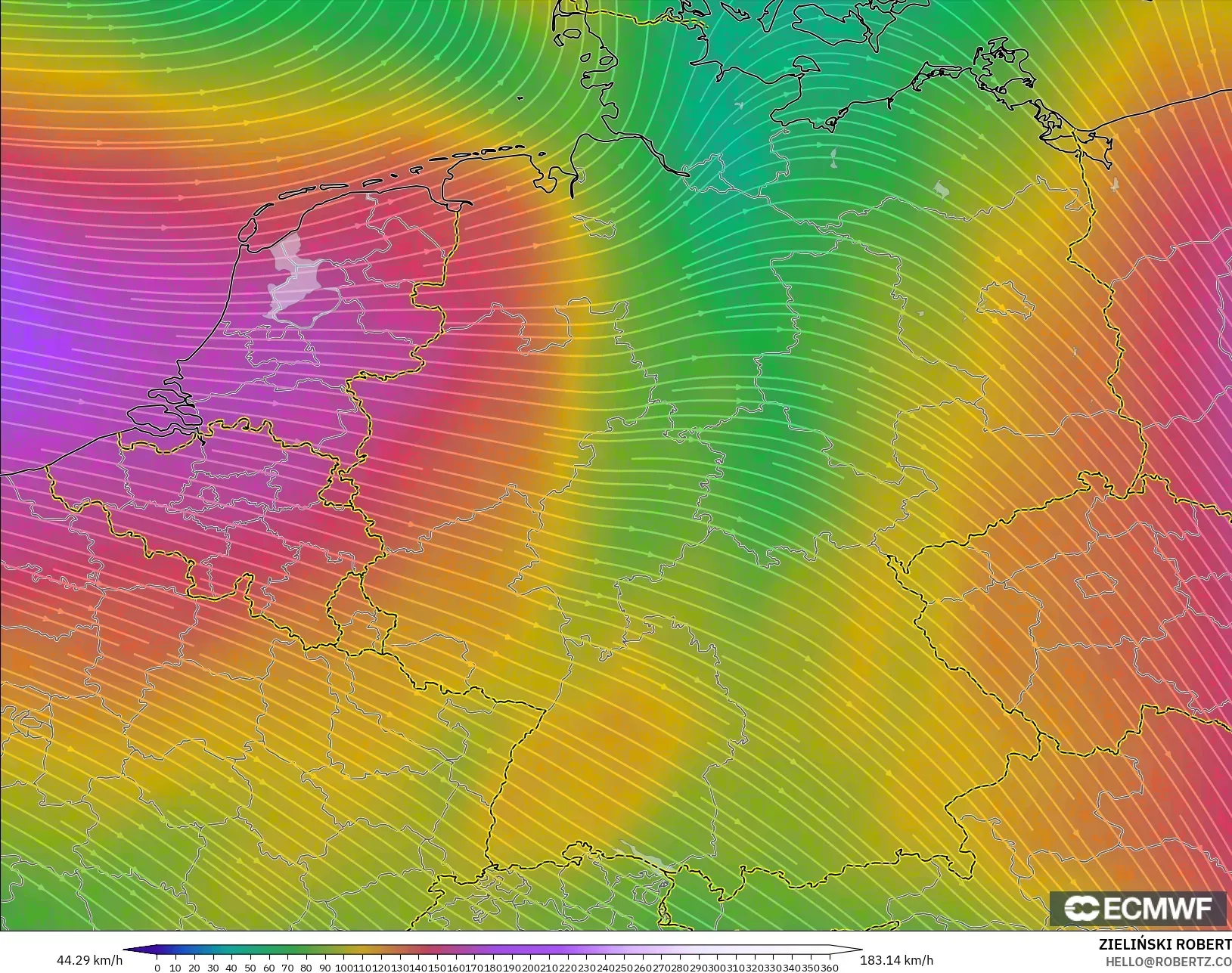 ECMWF IFS 0.25° model - Germany, Wind at 300hPa (jet stream)