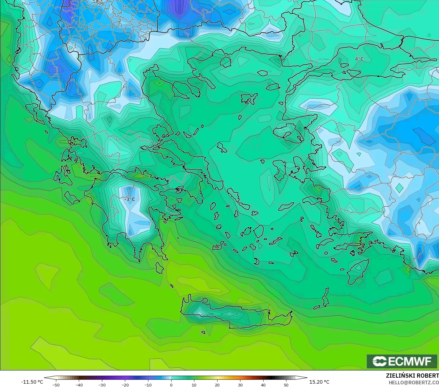 ECMWF IFS 0.25° model - Greece, Dewpoint at 2m